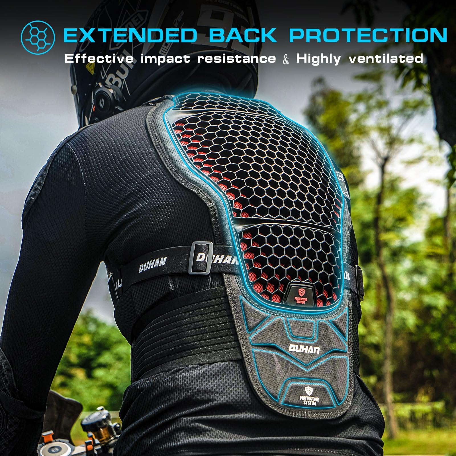 DUHAN spine protector detail highlighting flexible support