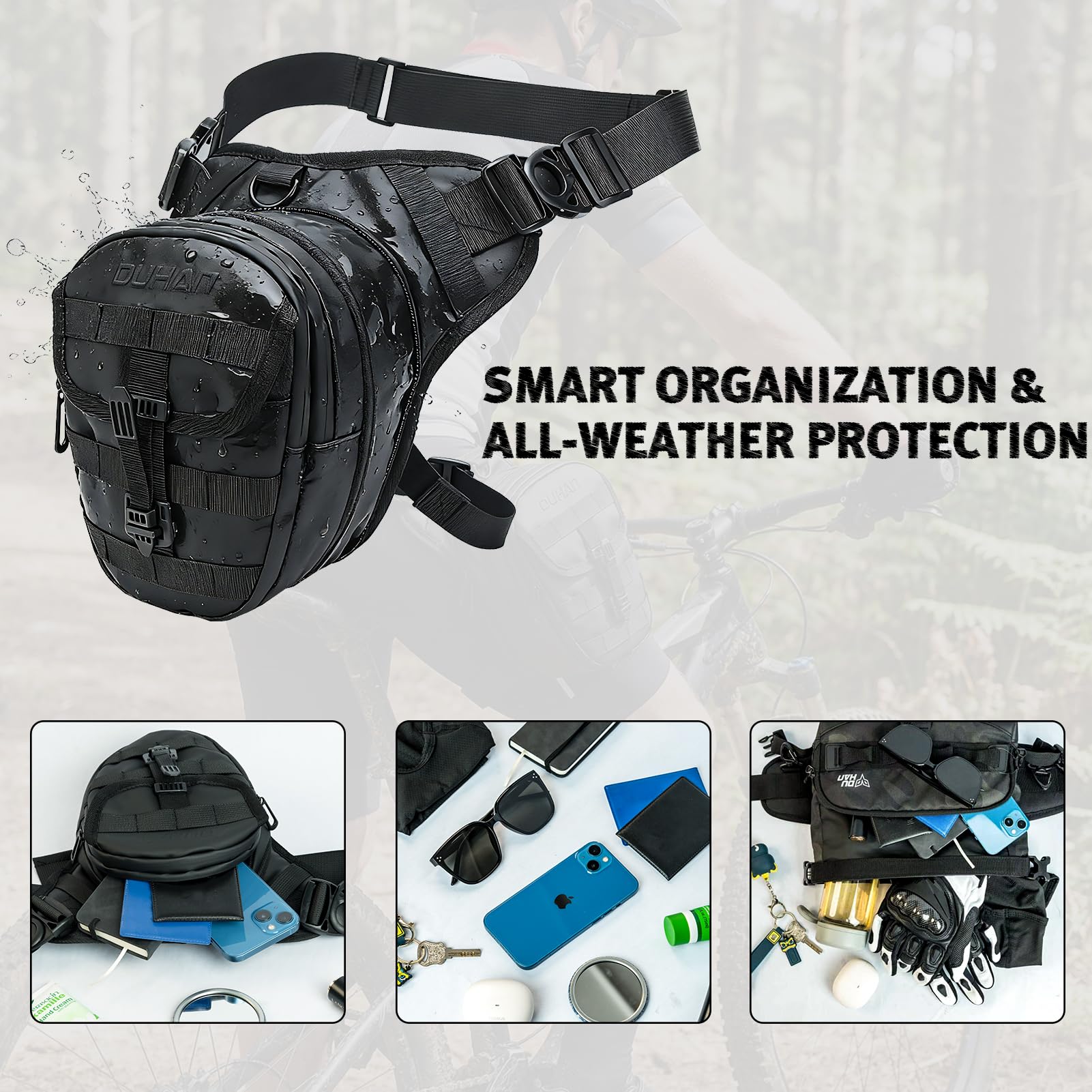 DUHAN Thigh Bag converts to multiple styles for riding and hiking.
