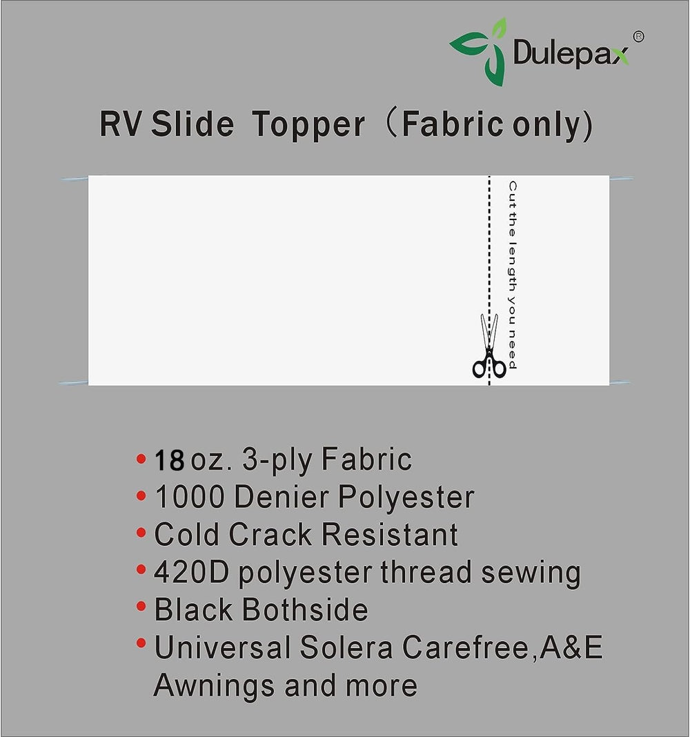 Durable 18oz vinyl fabric by Dulepax resists UV and water for RV awnings.