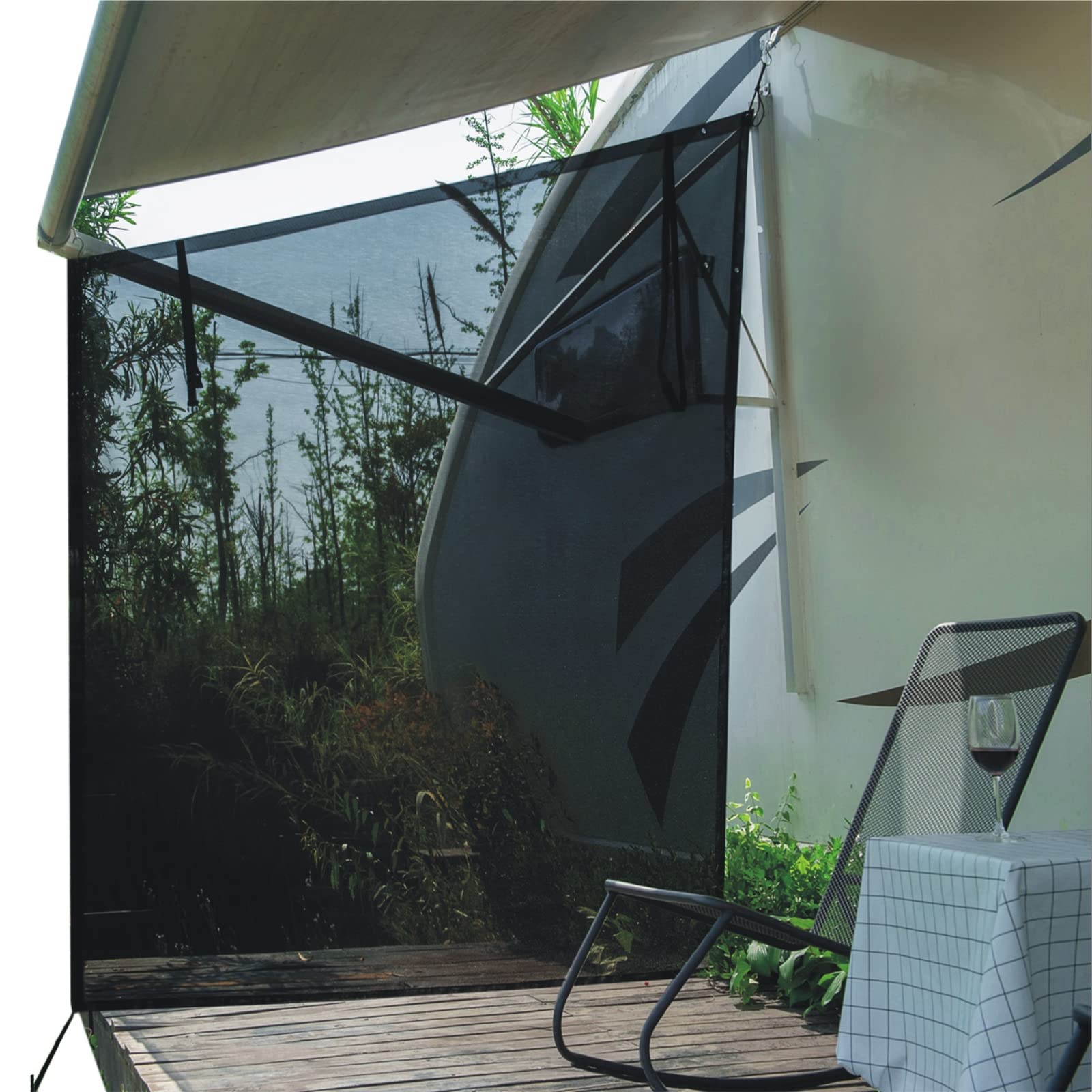 Dulepax RV Awning Side Shade 9x7 providing cooler outdoor shade for RV lounging