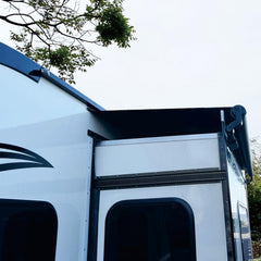 Dulepax RV slide-out awning fabric close-up showing water resistance.