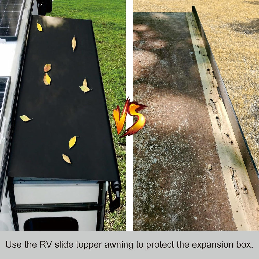 Dulepax RV slide-out awning installed on a black camper on the side.