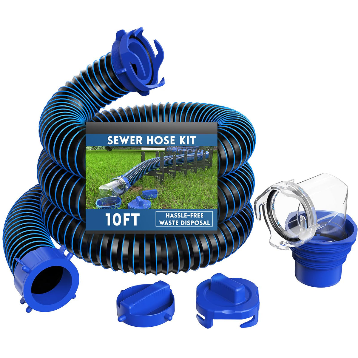 DUMPMAN RV sewer hose 10ft extended with accordion design for easy storage.