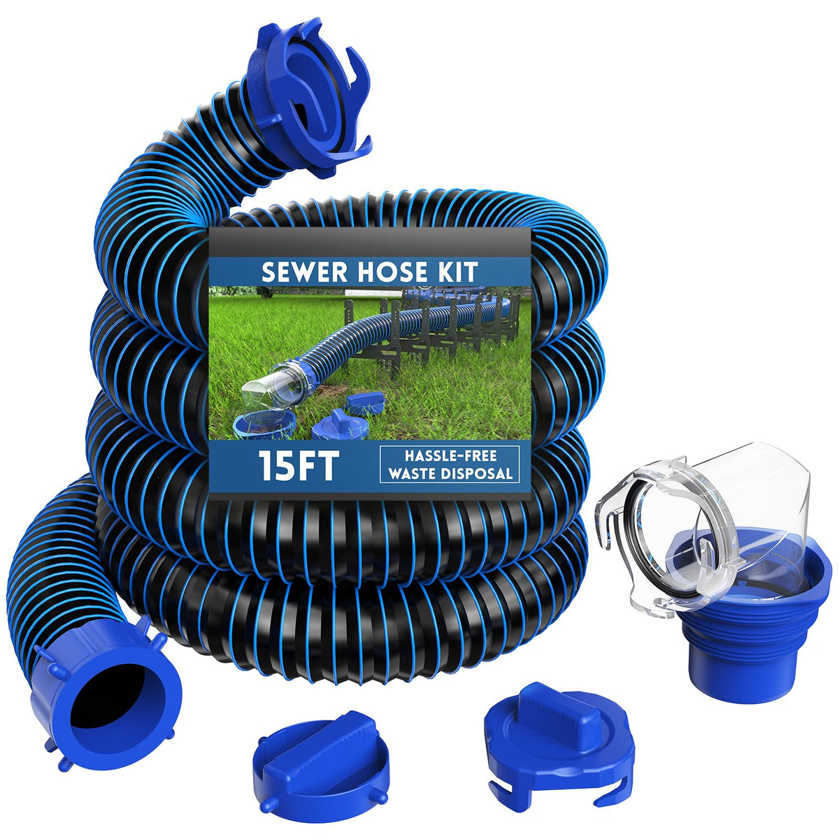 DUMPMAN RV sewer hose 15ft with flexible design ready for RV hookups.