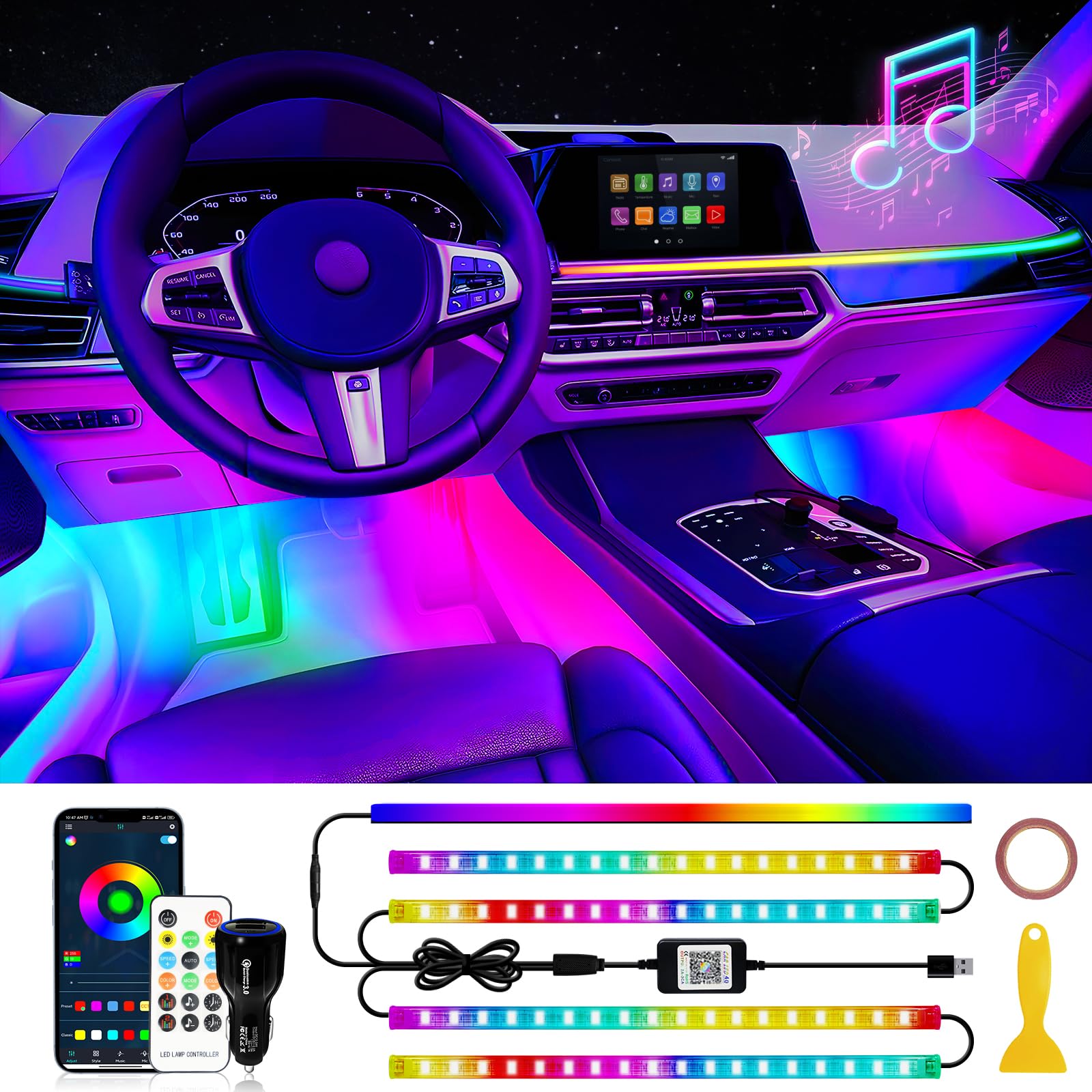 DUOFU365 car interior dreamcolor lighting for vibrant mood and easier night visibility.