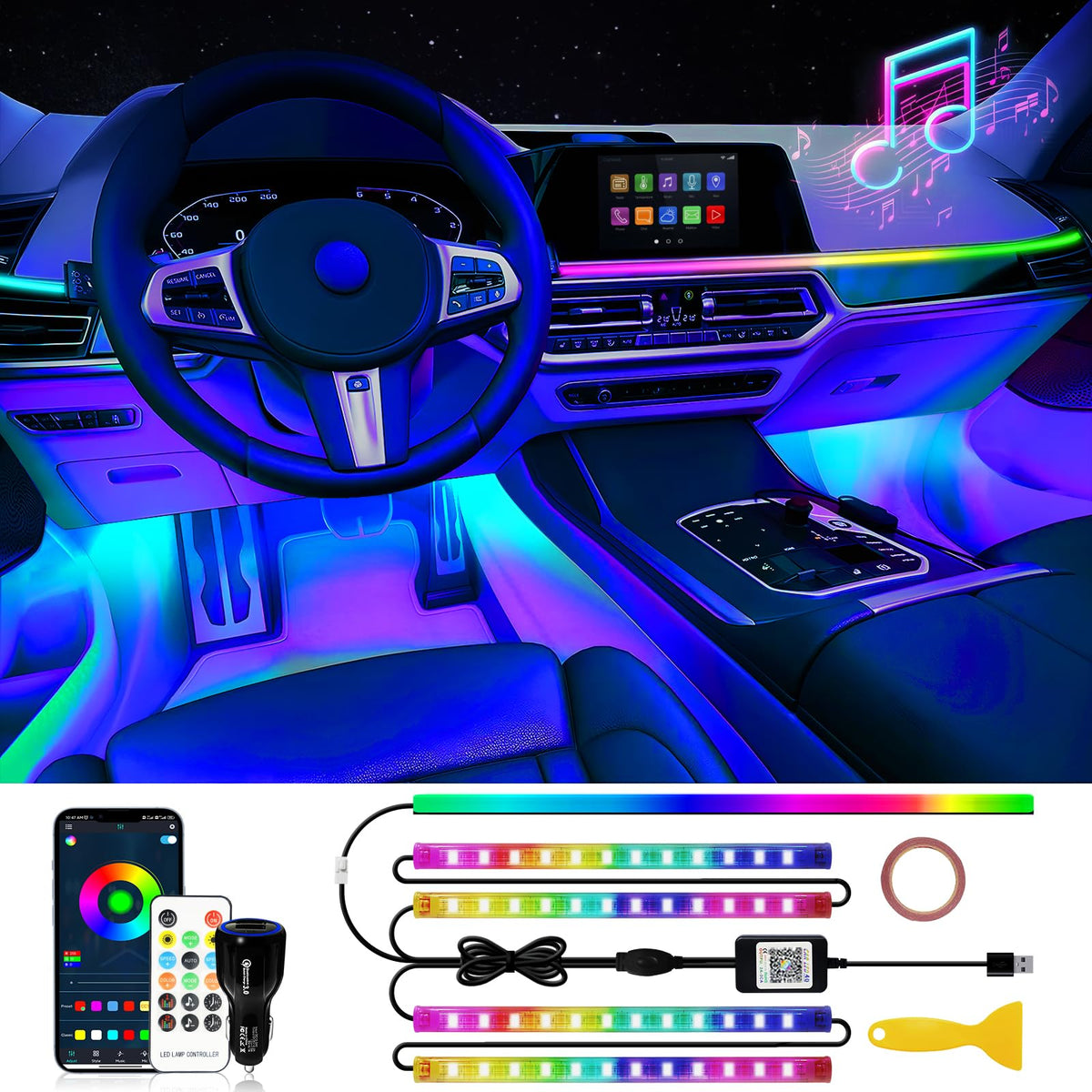 DUOFU365 car LED interior strip provides mood lighting with vivid colors