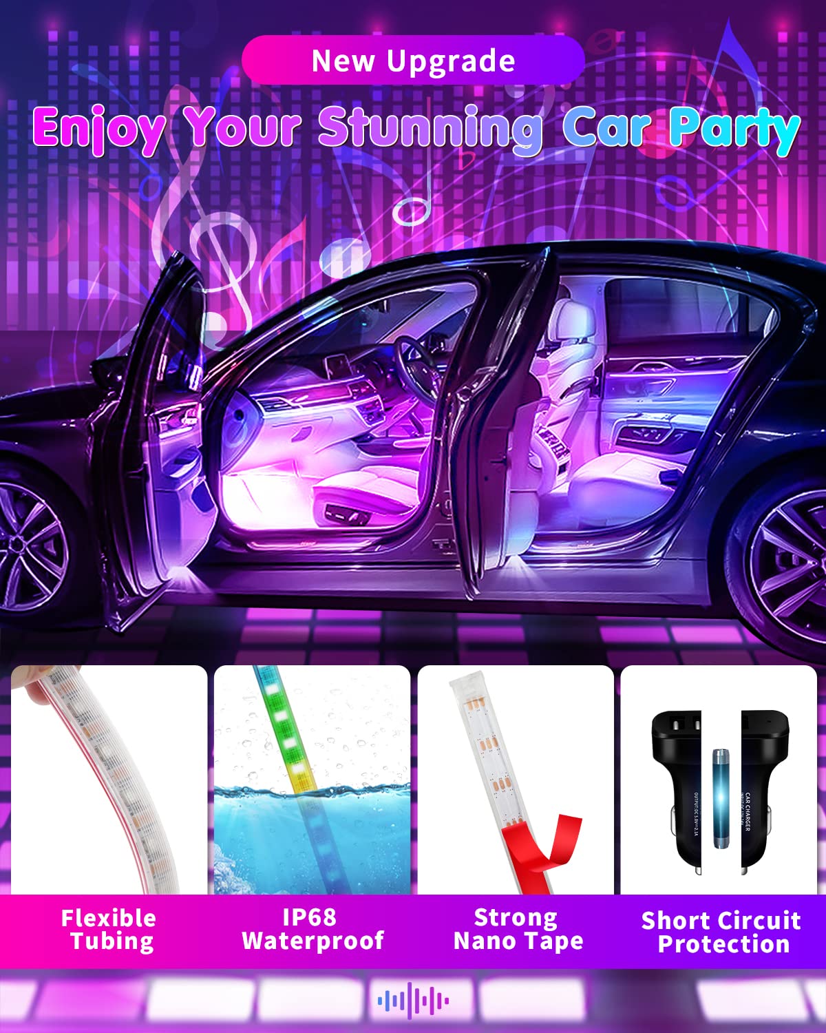 DUOFU365 dash light strip creates dynamic music-synced accents on the instrument area.