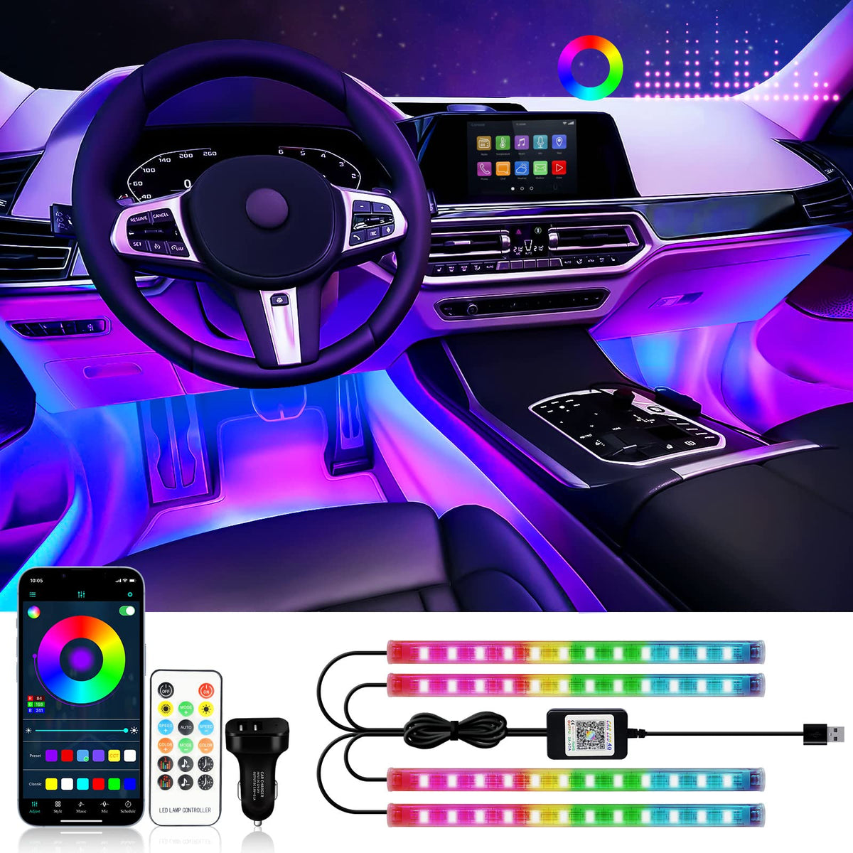 DUOFU365 RGB interior footwell light enhances cabin ambiance with vibrant color options.