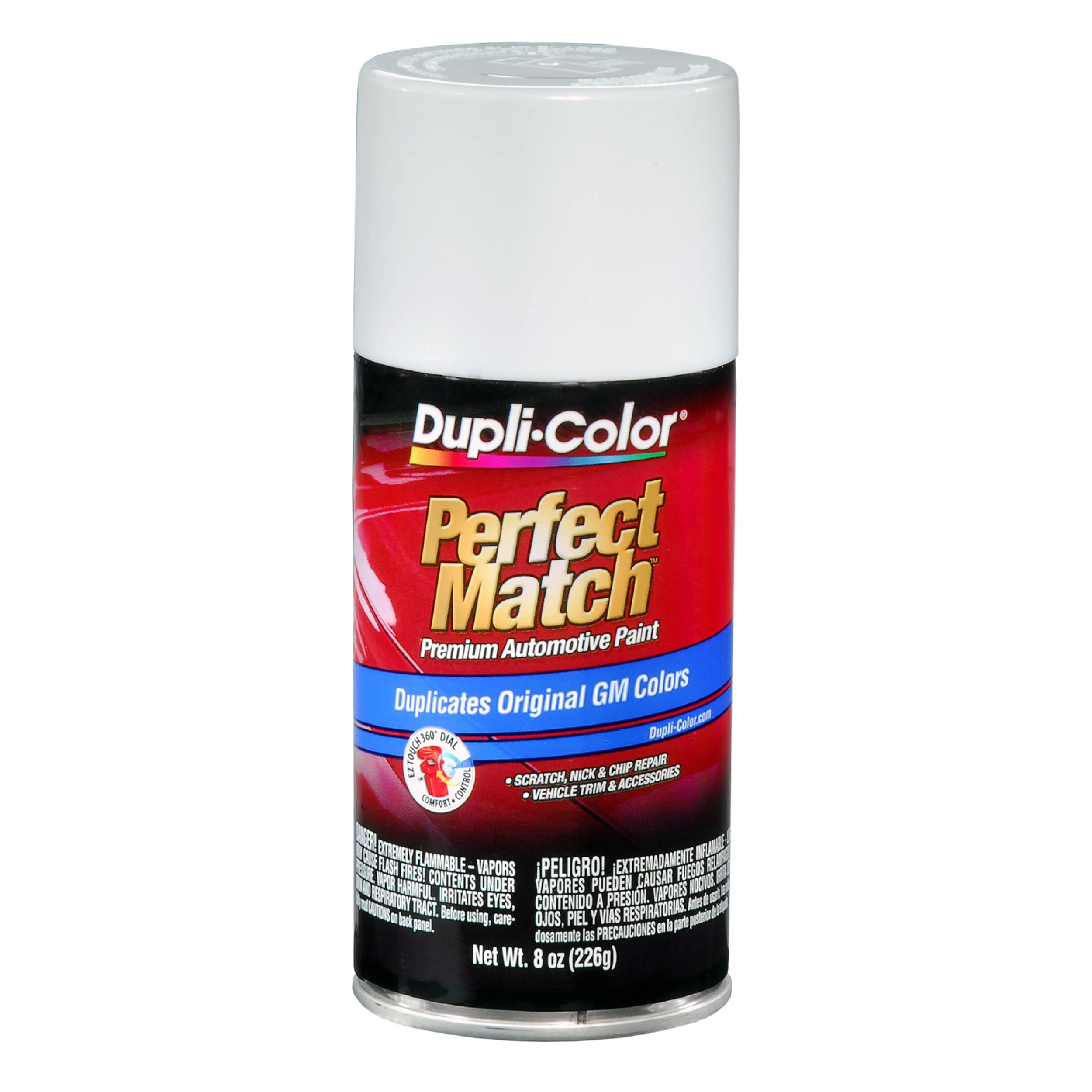 Dupli-Color Arctic White spray paint matches factory color for seamless repairs.