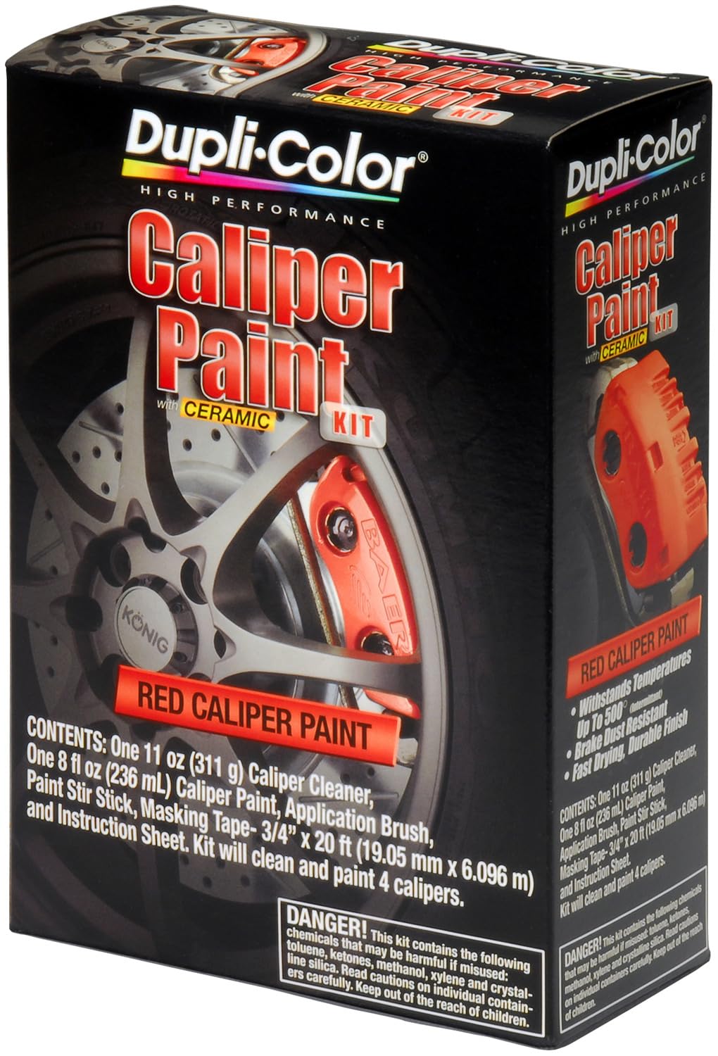 Dupli-Color BCP400 red brake caliper paint with high-temp, chip-resistant protection.