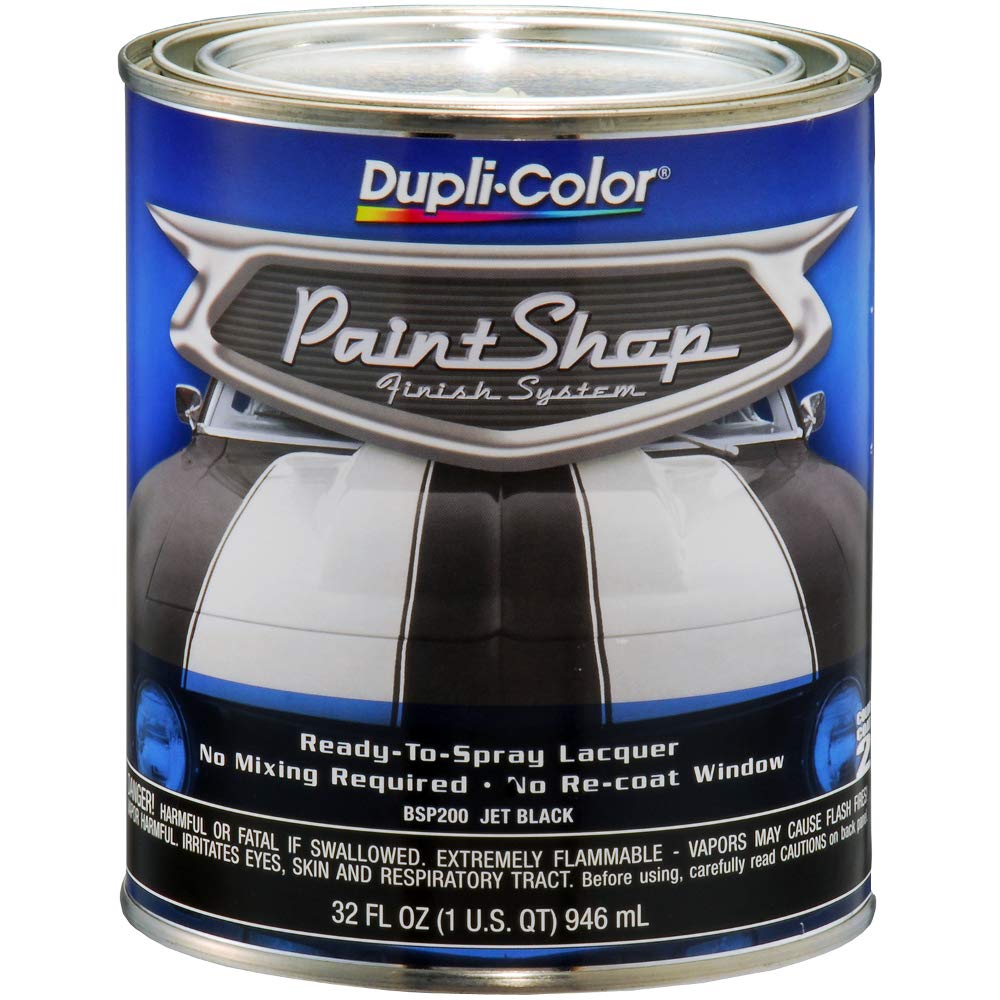 Dupli-Color BSP200 Jet Black bottle close-up, ready-to-spray convenience for DIY refinish.