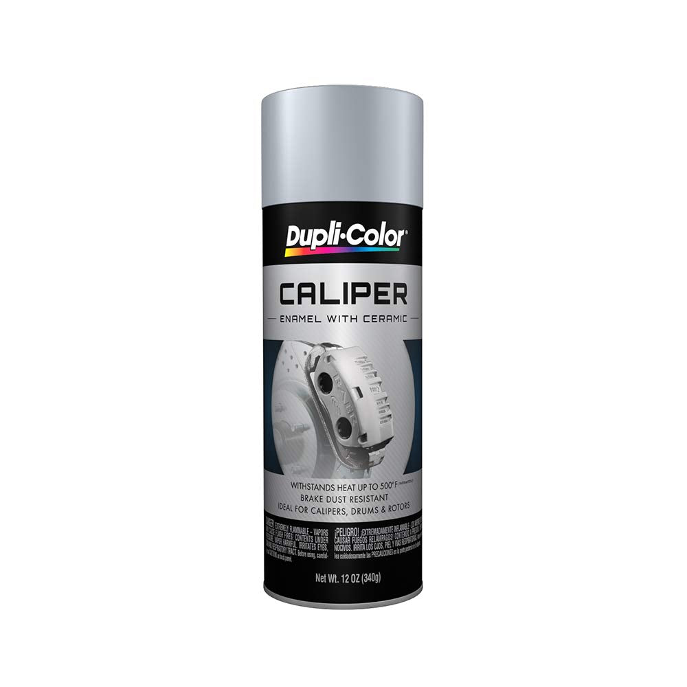 Dupli-Color caliper paint spray can in silver for high-temp, glossy finish.