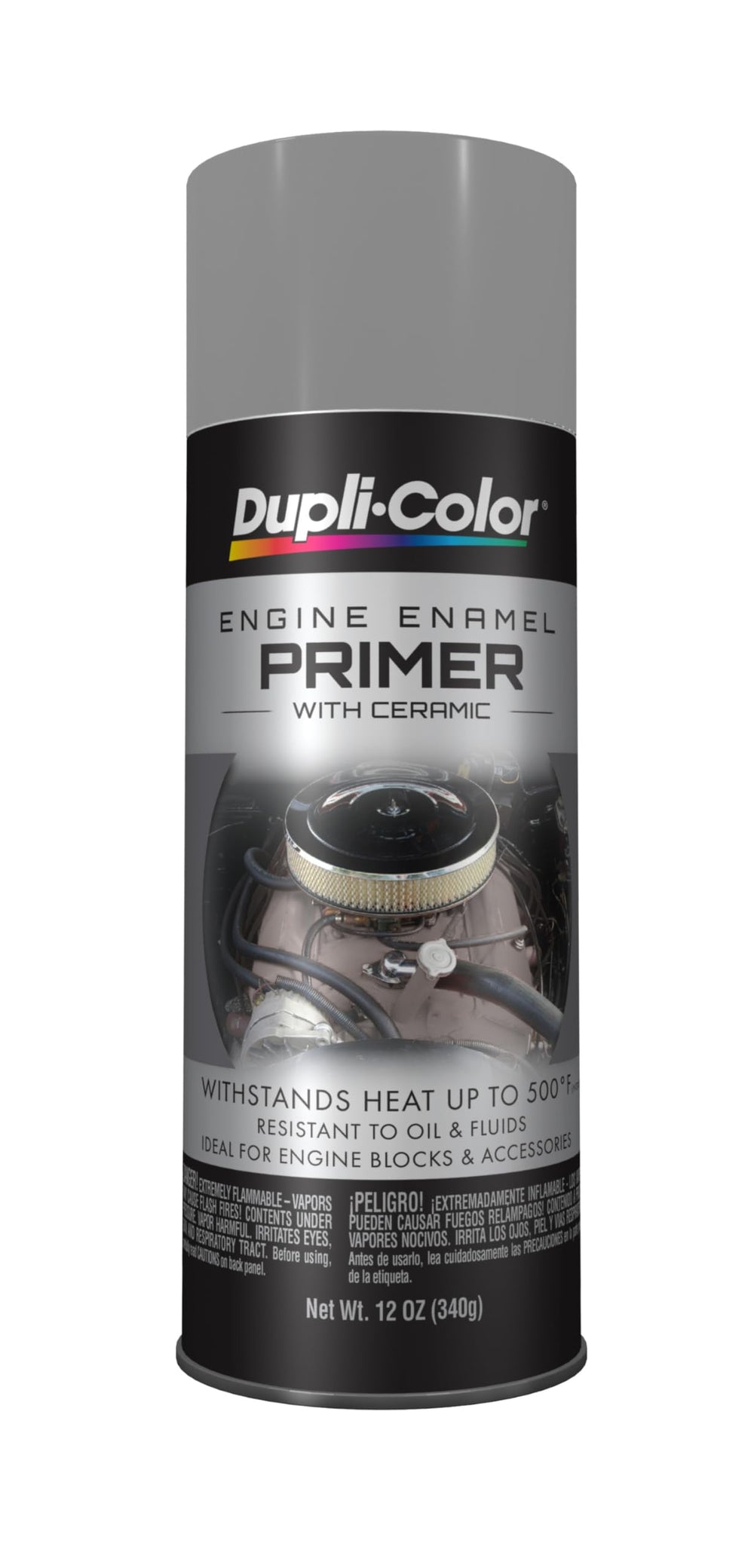 Dupli-Color DE1612 engine enamel spray can with ceramic delivers high-heat protection and gloss for engine components.