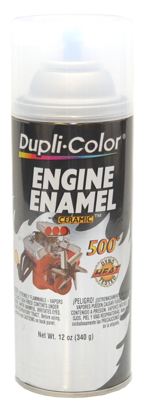 Dupli-Color DE1636 Engine Enamel Ceramic Clear on engine block for heat protection and glossy finish.