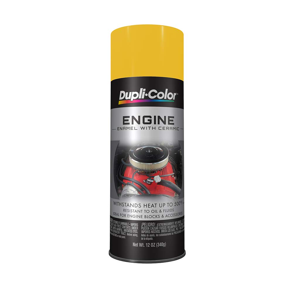 Dupli-Color DE1642 Daytona Yellow engine enamel can for high-heat protection.