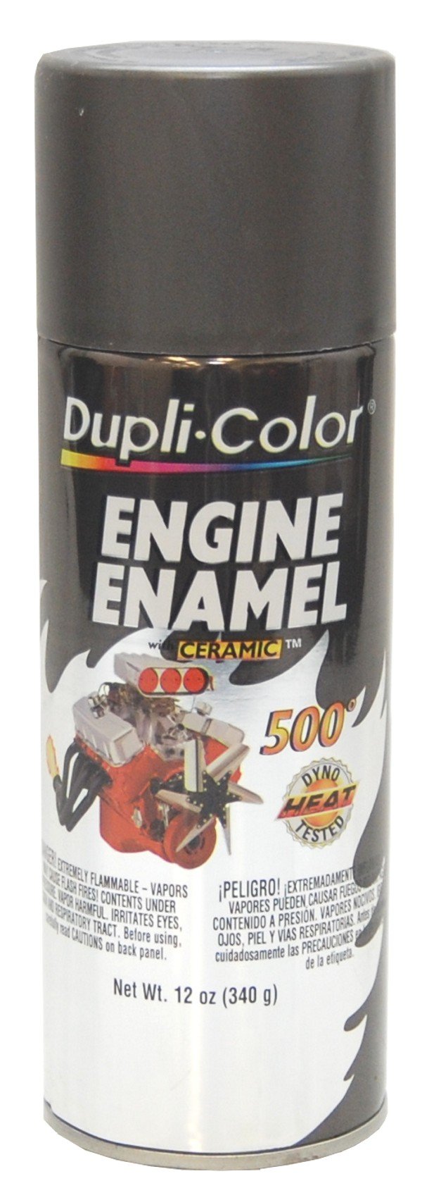 Dupli-Color Engine Enamel with Ceramic on an iron engine block for heat resistance and gloss.
