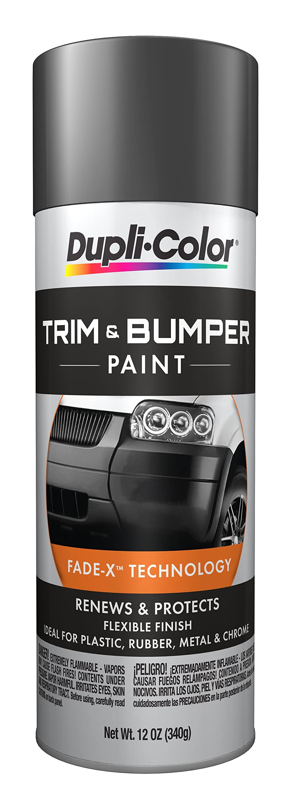 Dupli-Color ETB102000 trim and bumper paint in charcoal restores plastic surfaces with factory look.