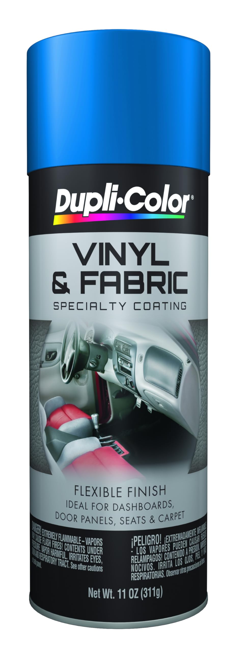 Dupli-Color HVP102 blue interior spray coats vinyl and fabric for durable, flexible color