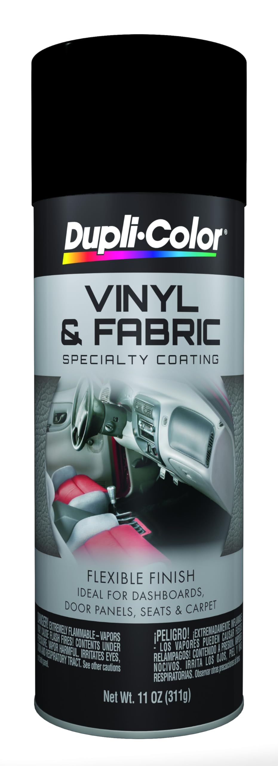 Dupli-Color HVP104 vinyl and fabric spray paint in Gloss Black for interior restoration and customization.