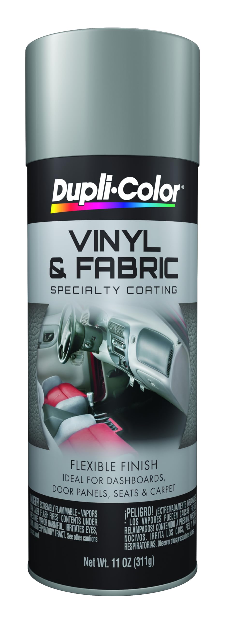 Dupli-Color HVP109 vinyl and fabric coating spray in medium gray for interior restoration and customization.