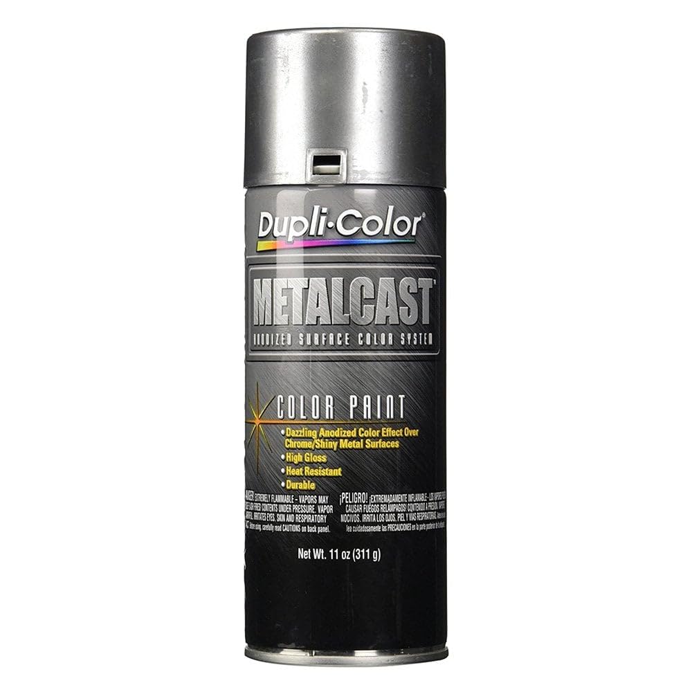 Dupli-Color Metalcast anodized spray bottle shows bright chrome-like finish.