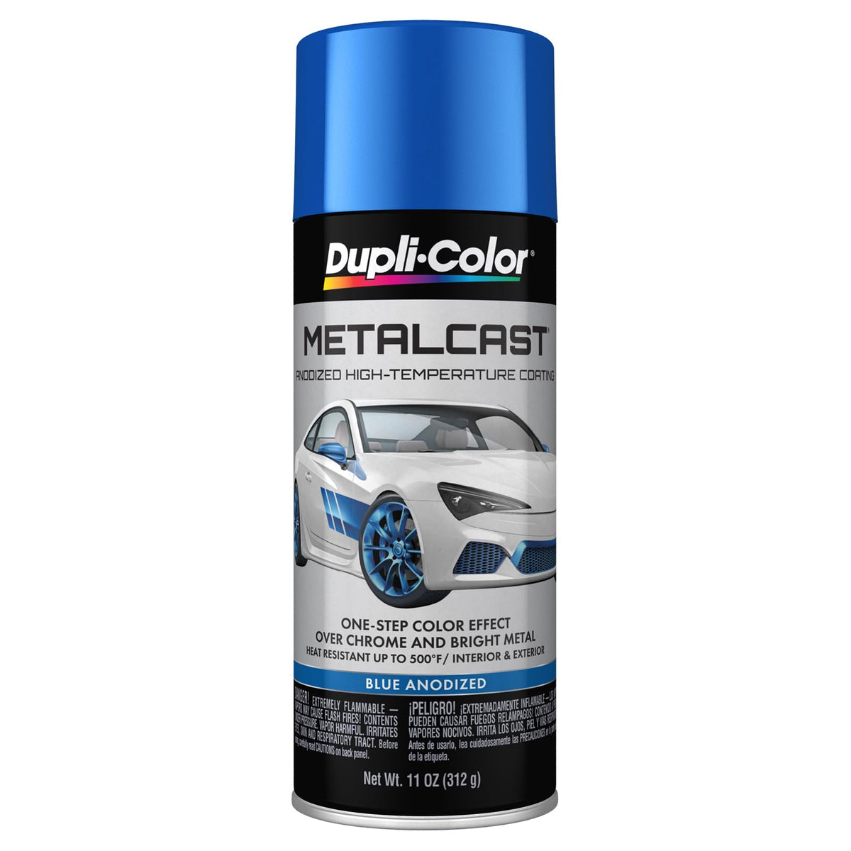 Dupli-Color Metalcast blue anodized spray can ready for chrome restoration.
