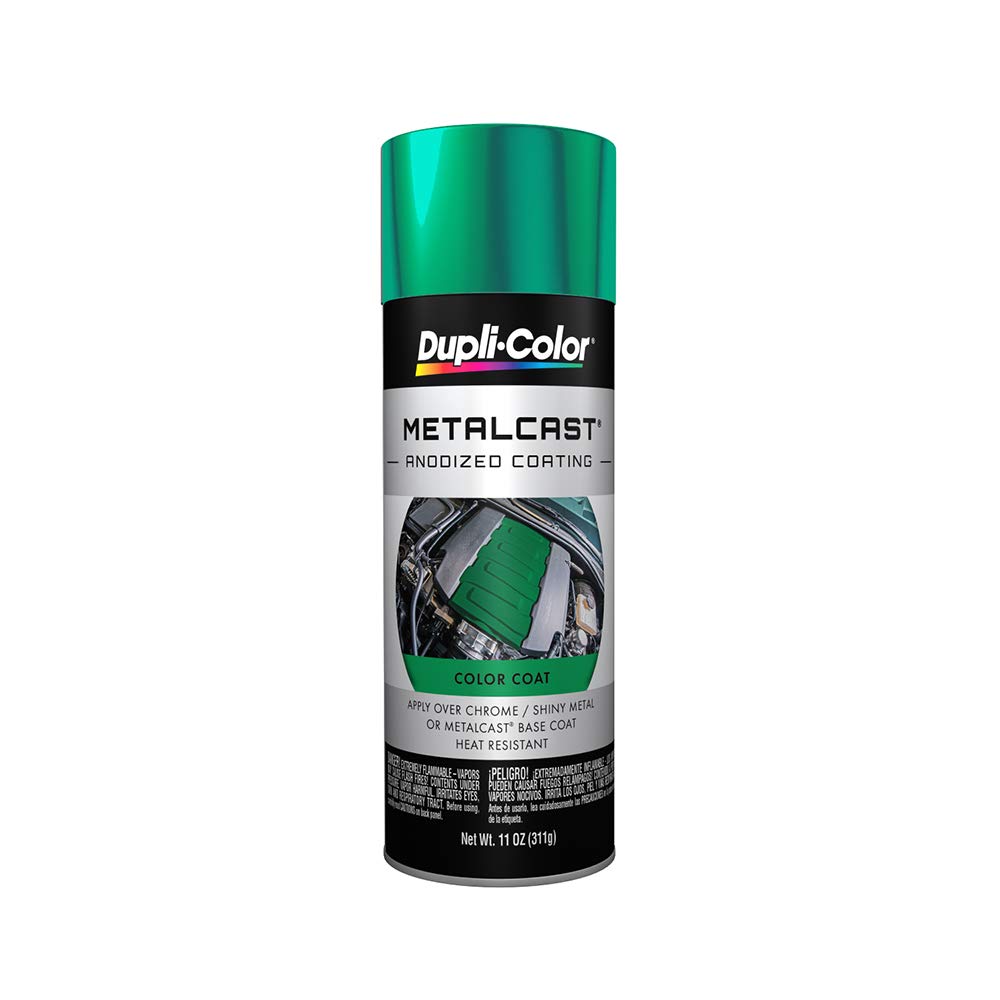 Dupli-Color Metalcast green anodized finish on chrome provides bright, durable color.