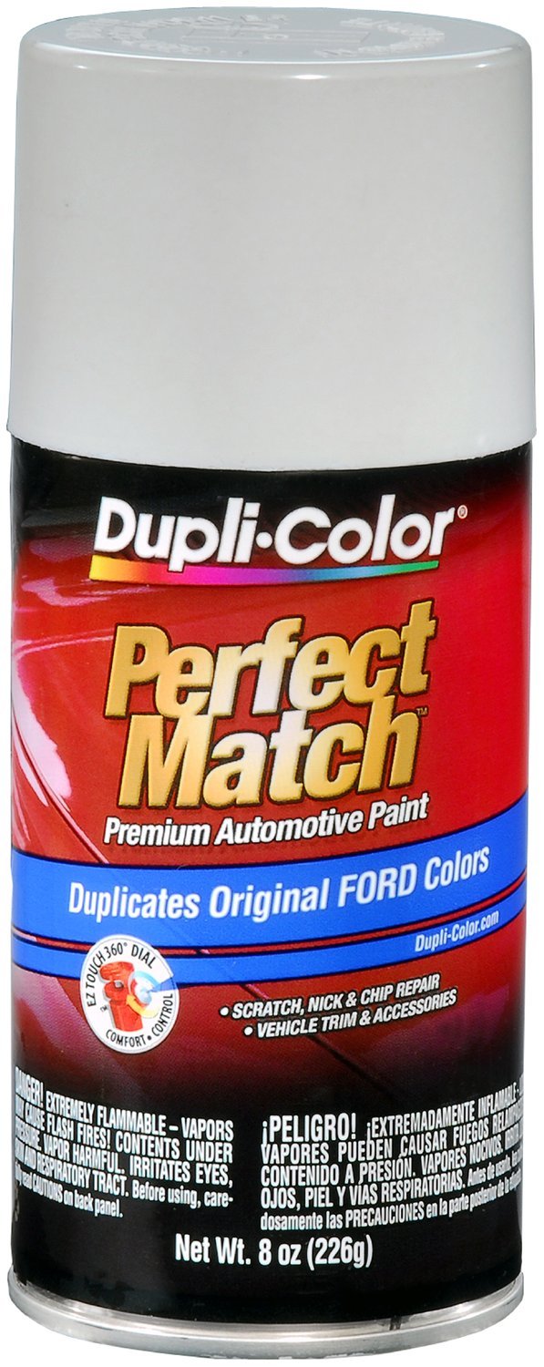 Dupli-Color Oxford White Ford exact-match automotive paint aerosol for precise color touch-ups.