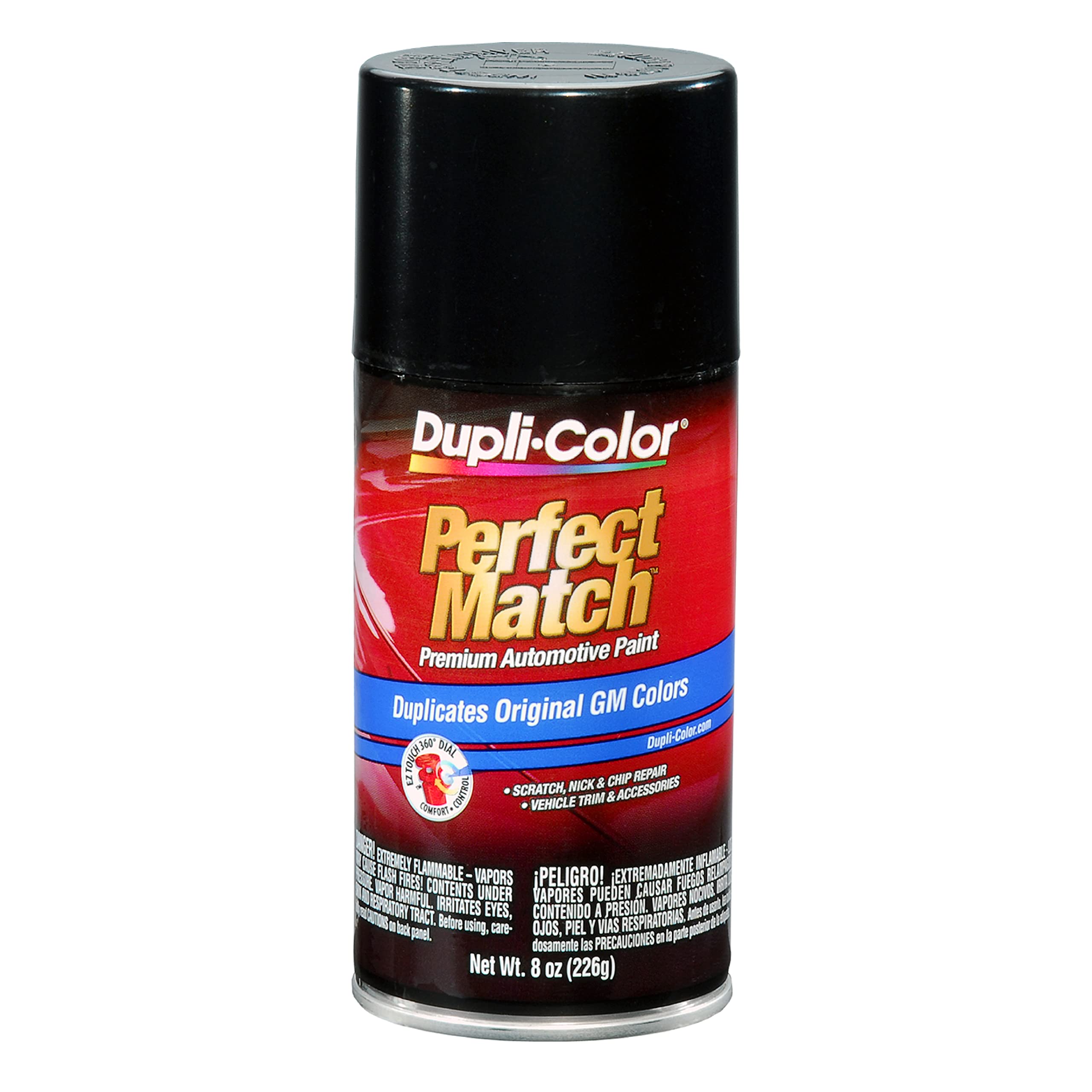 Dupli-Color Perfect Match GM Black Metallic spray paint for precise color matching on GM vehicles.