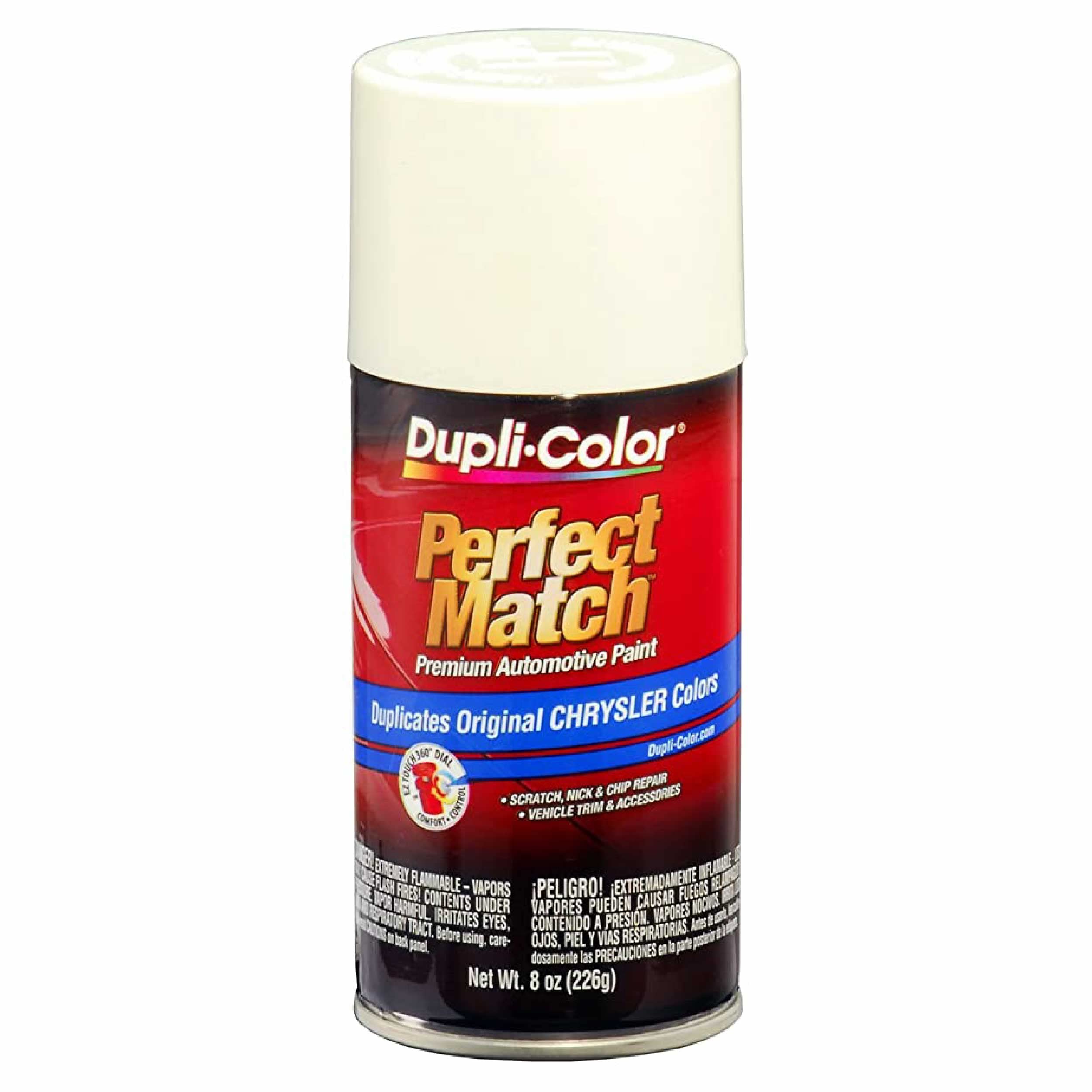 Dupli-Color Perfect Match PW1 can for Chrysler Stone White showing front view and OEM color accuracy