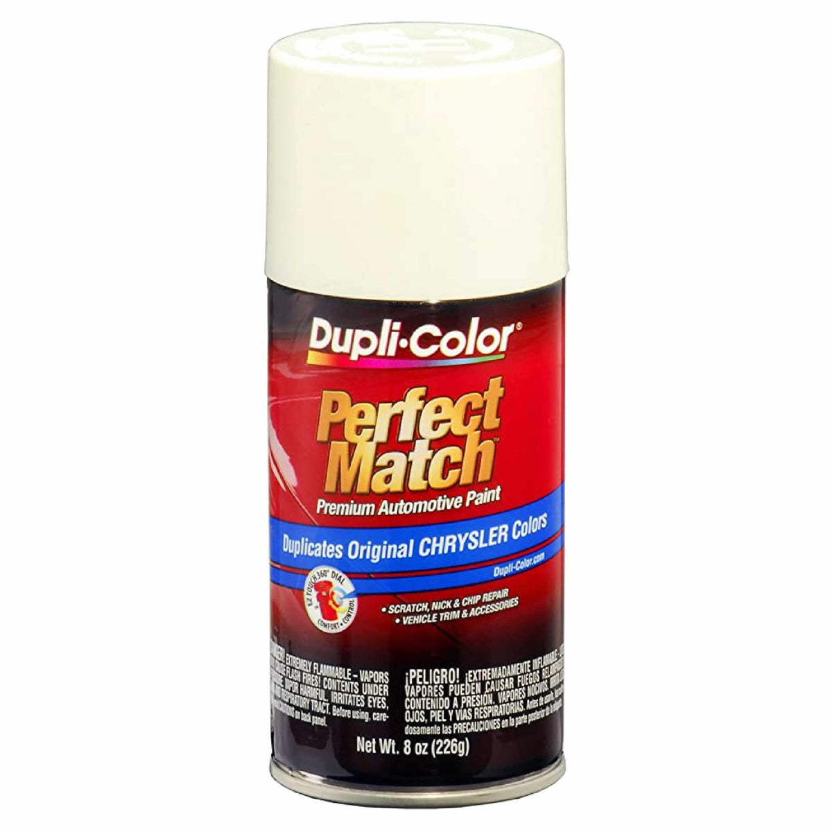 Dupli-Color Perfect Match PW1 can for Chrysler Stone White showing front view and OEM color accuracy