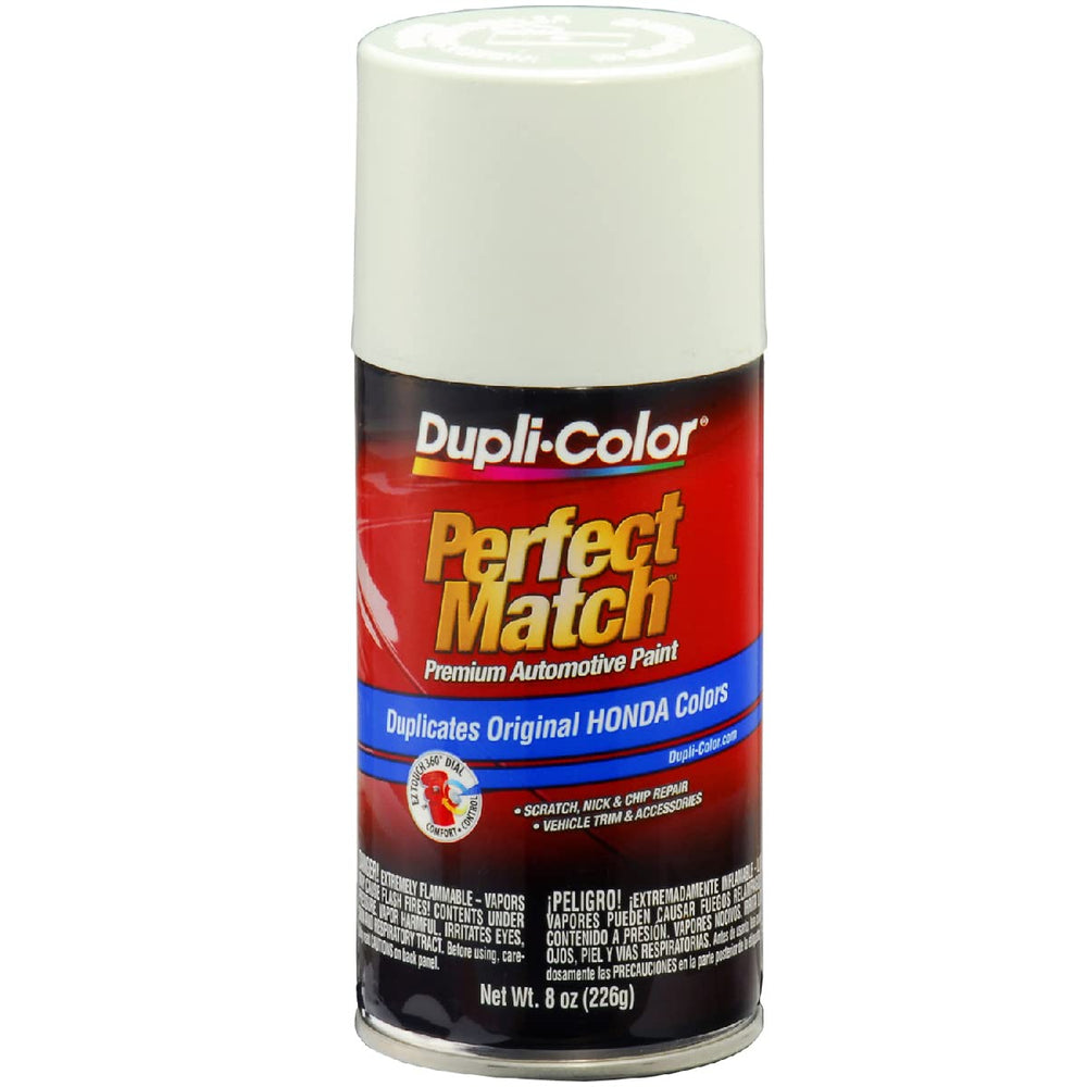 Dupli-Color Perfect Match NH578 Honda Taffeta White bottle close-up showing color accuracy.