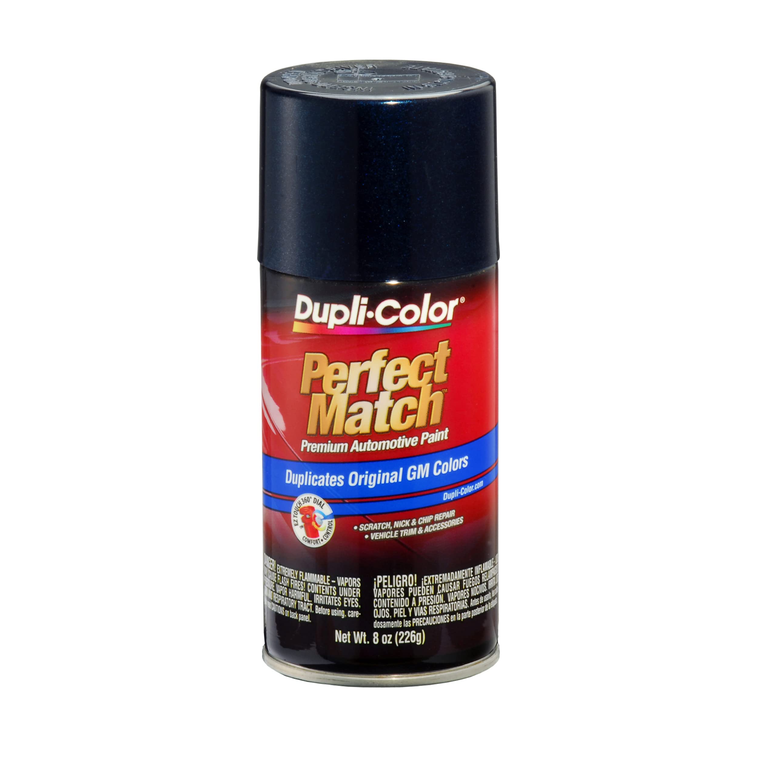Dupli-Color Perfect Match GM Dark Ming Blue spray paint can for precise touch-ups.