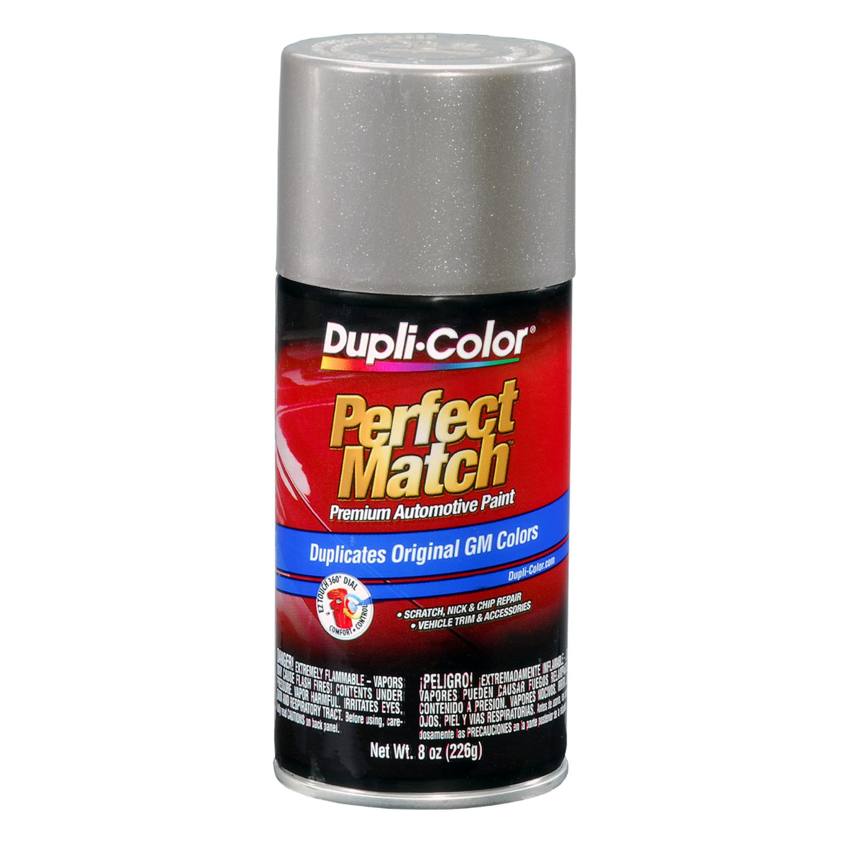 Dupli-Color Perfect Match Pewter 8oz can for seamless OEM color restoration on vehicles.