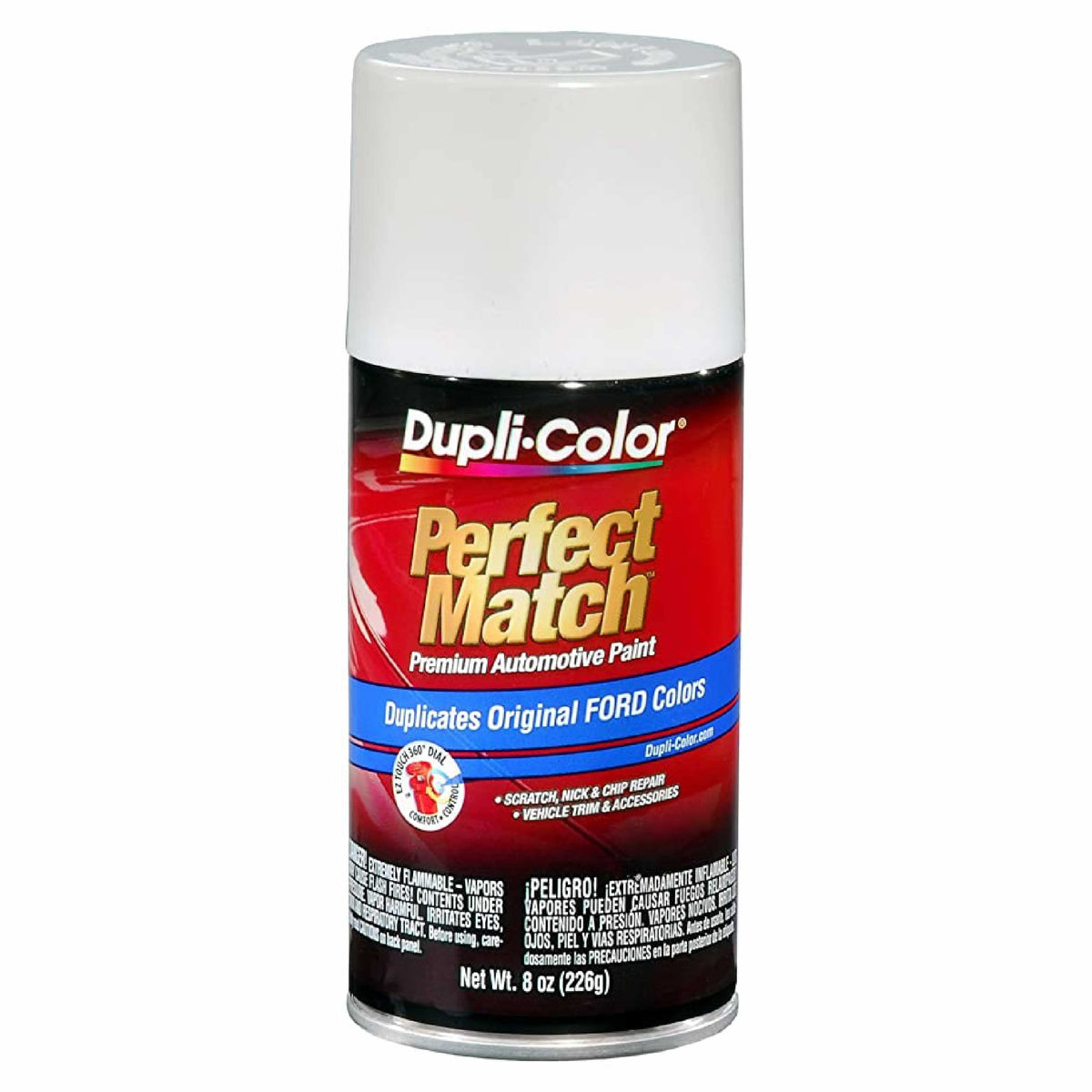 Dupli-Color Perfect Match spray paint can demonstrates OEM color matching for vehicles.
