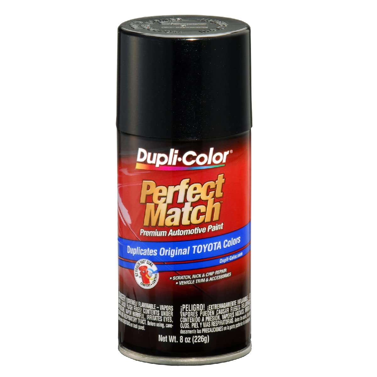 Dupli-Color Perfect Match Toyota Black Sand Pearl 8 oz aerosol can for seamless touch-ups.