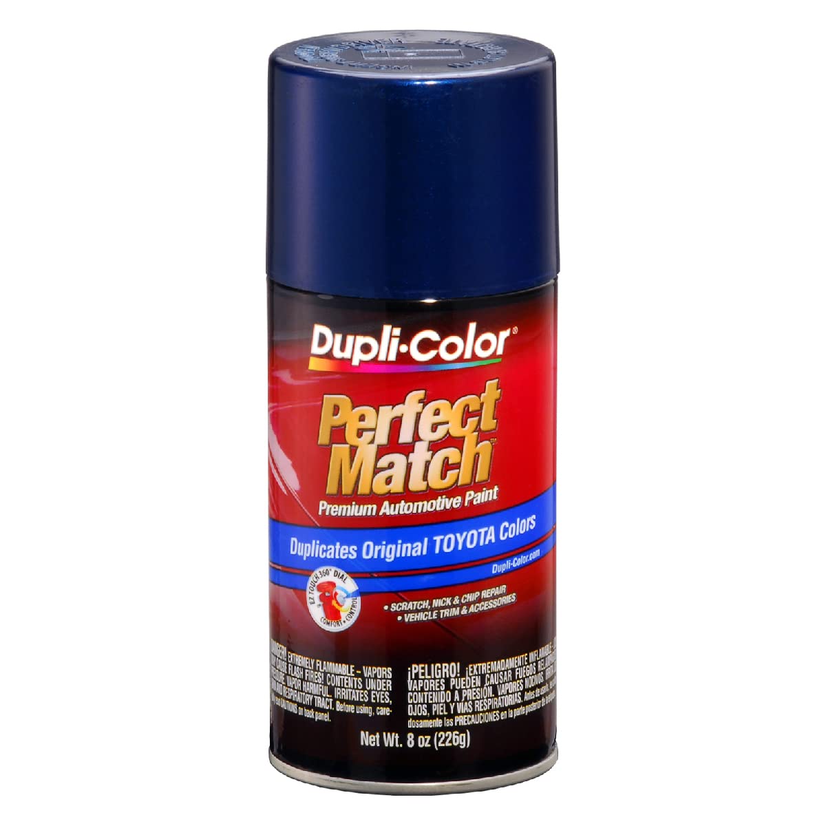 Dupli-Color Perfect Match spray paint for Toyota Dark Blue Pearl 8P4, consistent color restoration.
