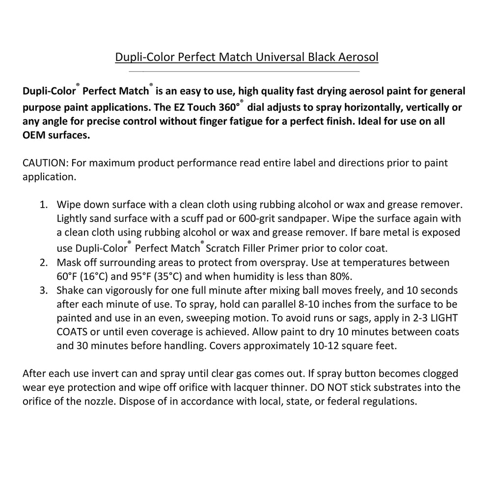 Dupli-Color Perfect Match universal black 8oz color guide for quick reference.