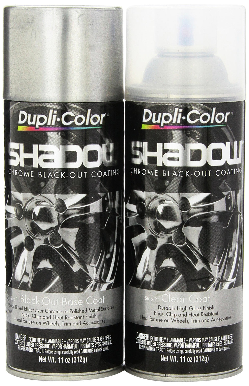 Dupli-Color Shadow Chrome basecoat spray on polished metal for dramatic dark chrome look.
