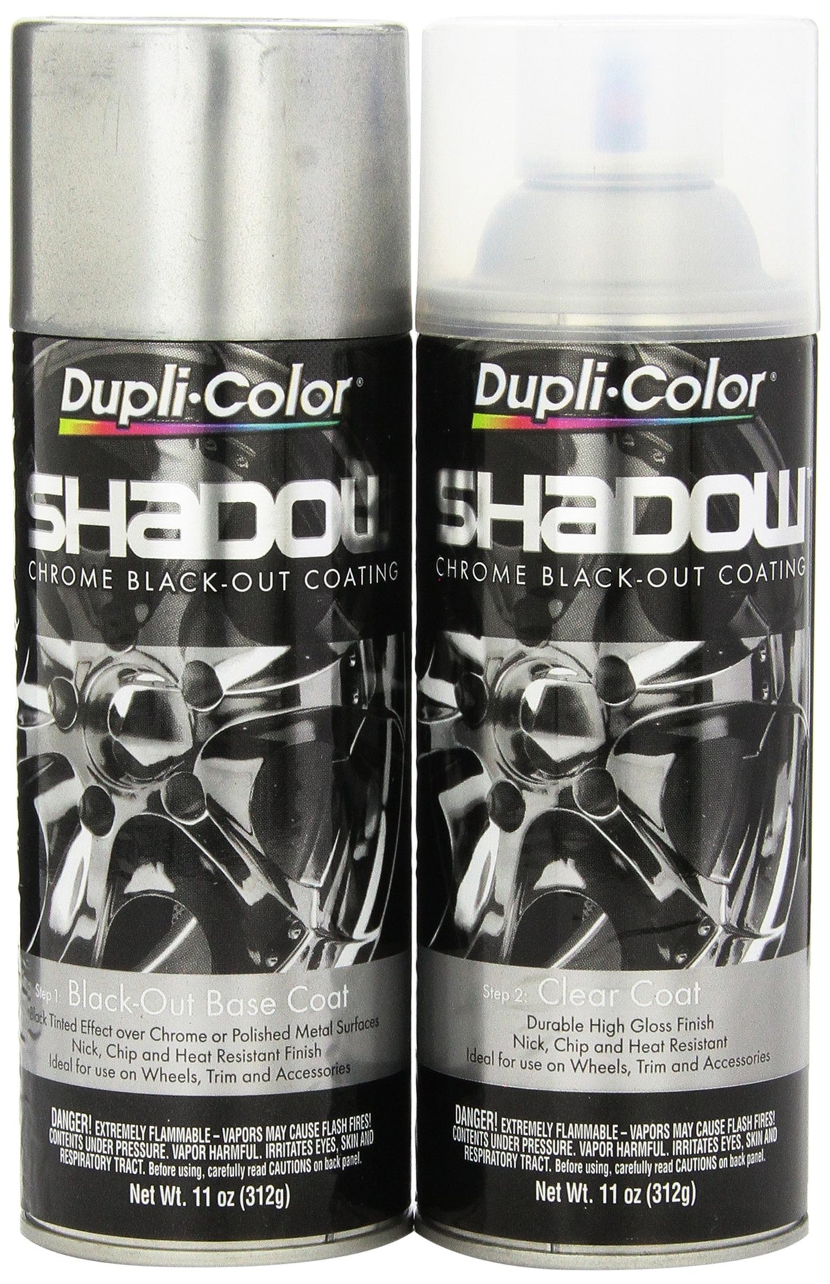 Dupli-Color Shadow Chrome basecoat spray on polished metal for dramatic dark chrome look.
