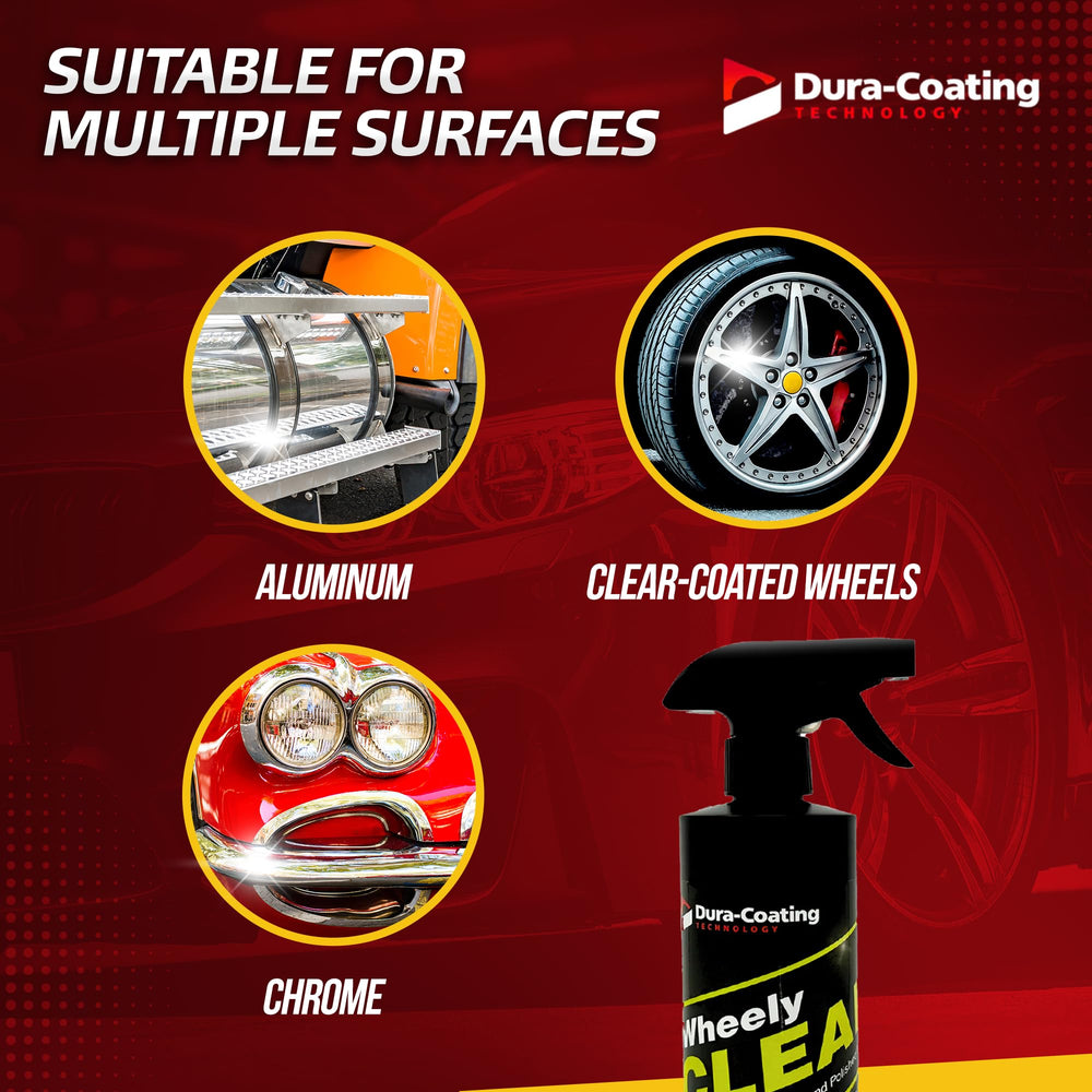 Wheely Clean works on chrome and aluminum wheels for a bright look.
