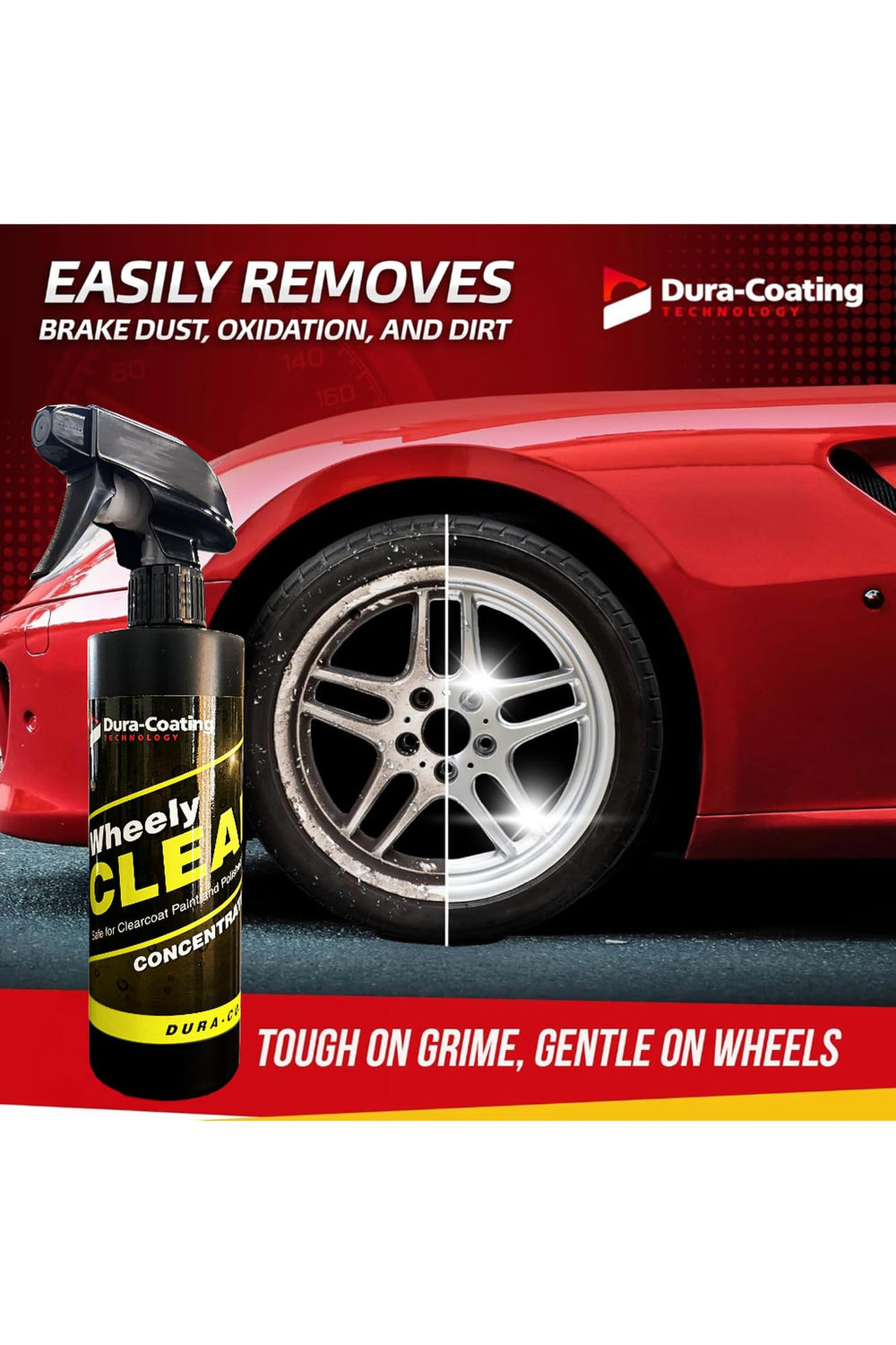 DURA-COATING Wheely Clean spray-action on rims for versatile cleaning.