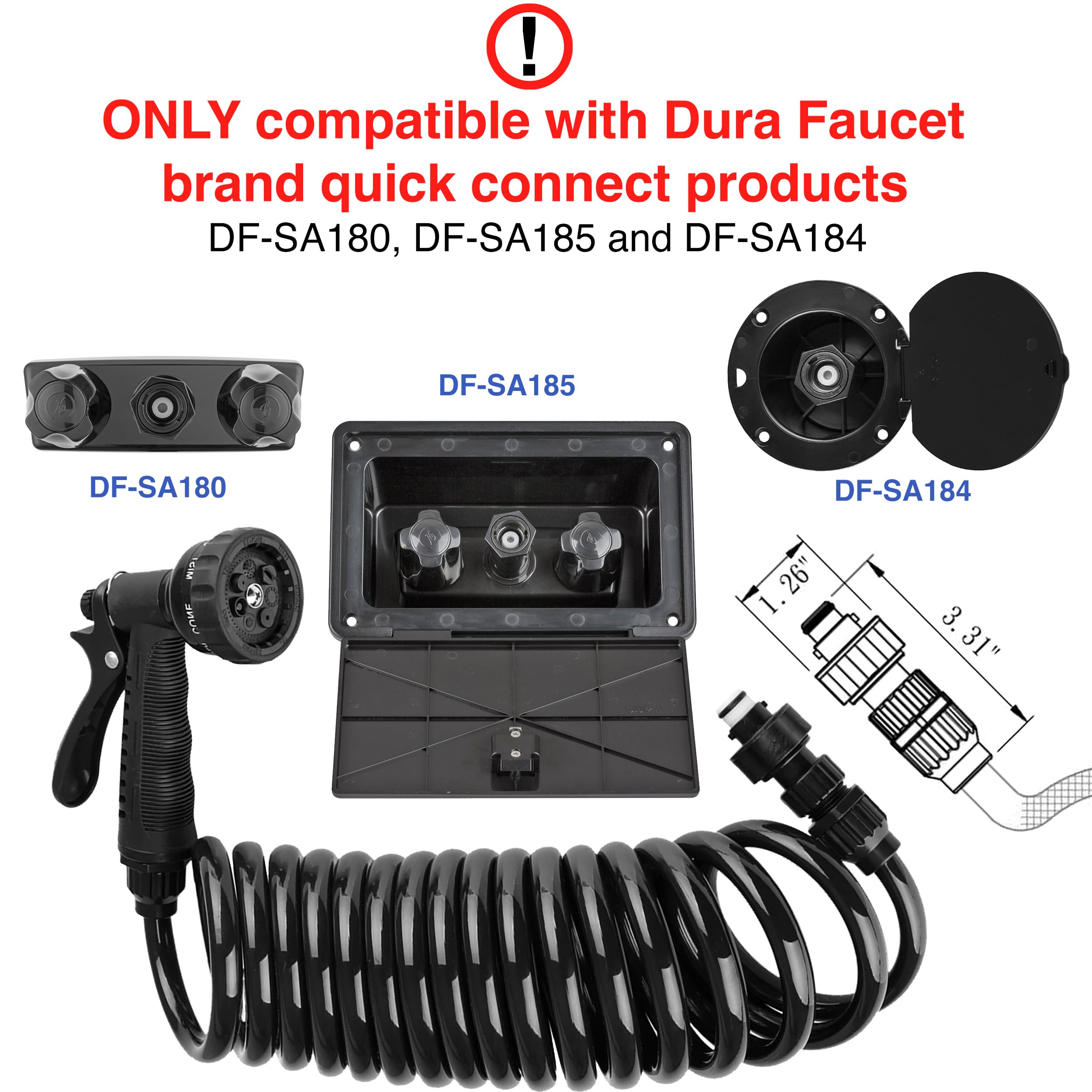 Dura Faucet DF-SA187-BK quick-connect hose enables easy, tool-free installation.