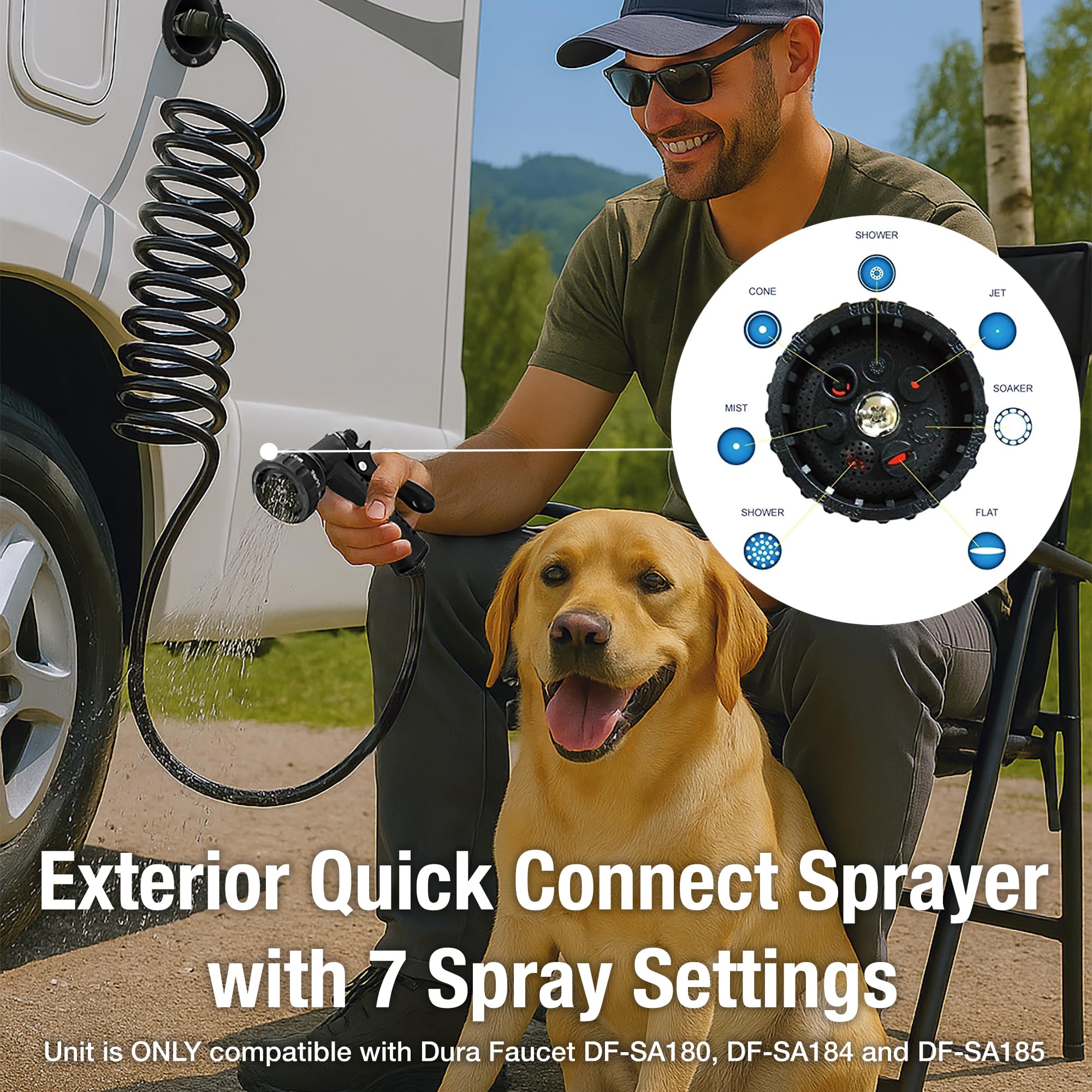 Dura Faucet DF-SA187-WT 15-foot coiled hose extends reach for exterior rinsing.