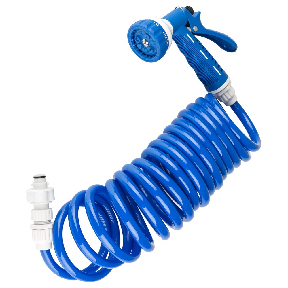 Dura Faucet DF-SA187-WT exterior sprayer on RV with blue finish for outdoor cleaning.