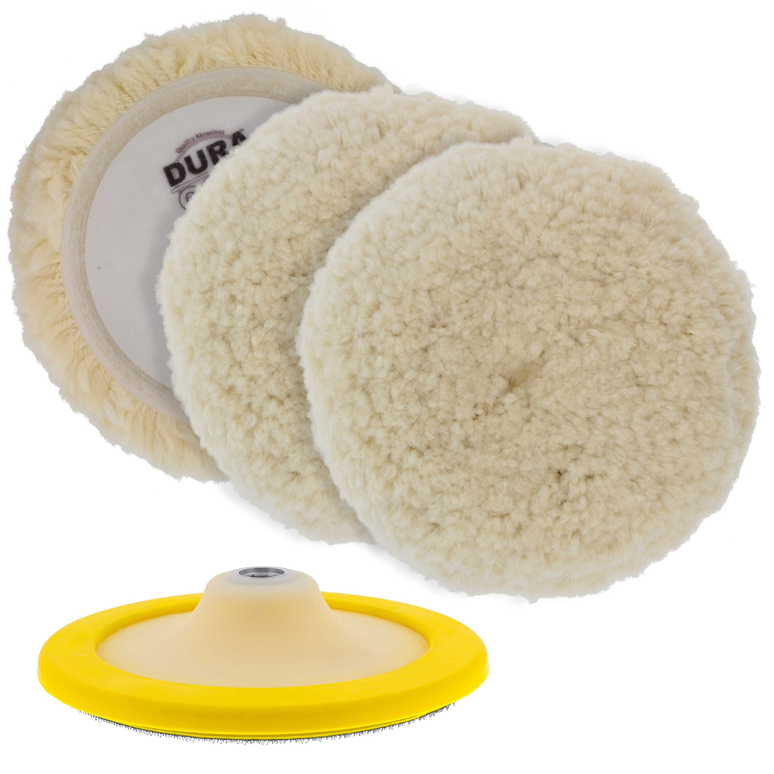 Dura-Gold 8-inch wool buffing pad pack for fast vehicle polishing.