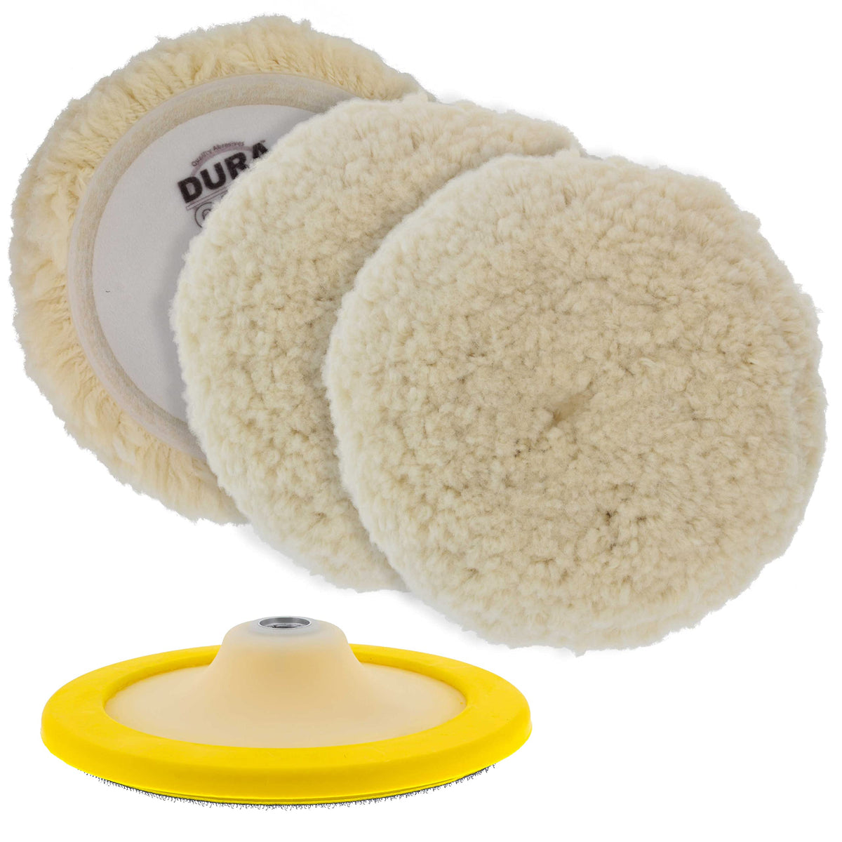 Dura-Gold 8-inch wool buffing pad pack for fast vehicle polishing.