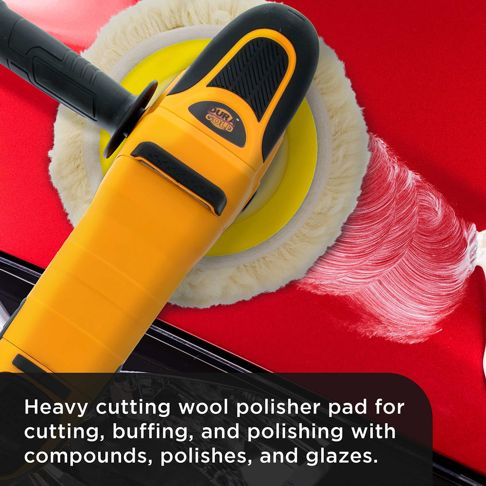 Dura-Gold detailing setup with wool pad on a car finish.