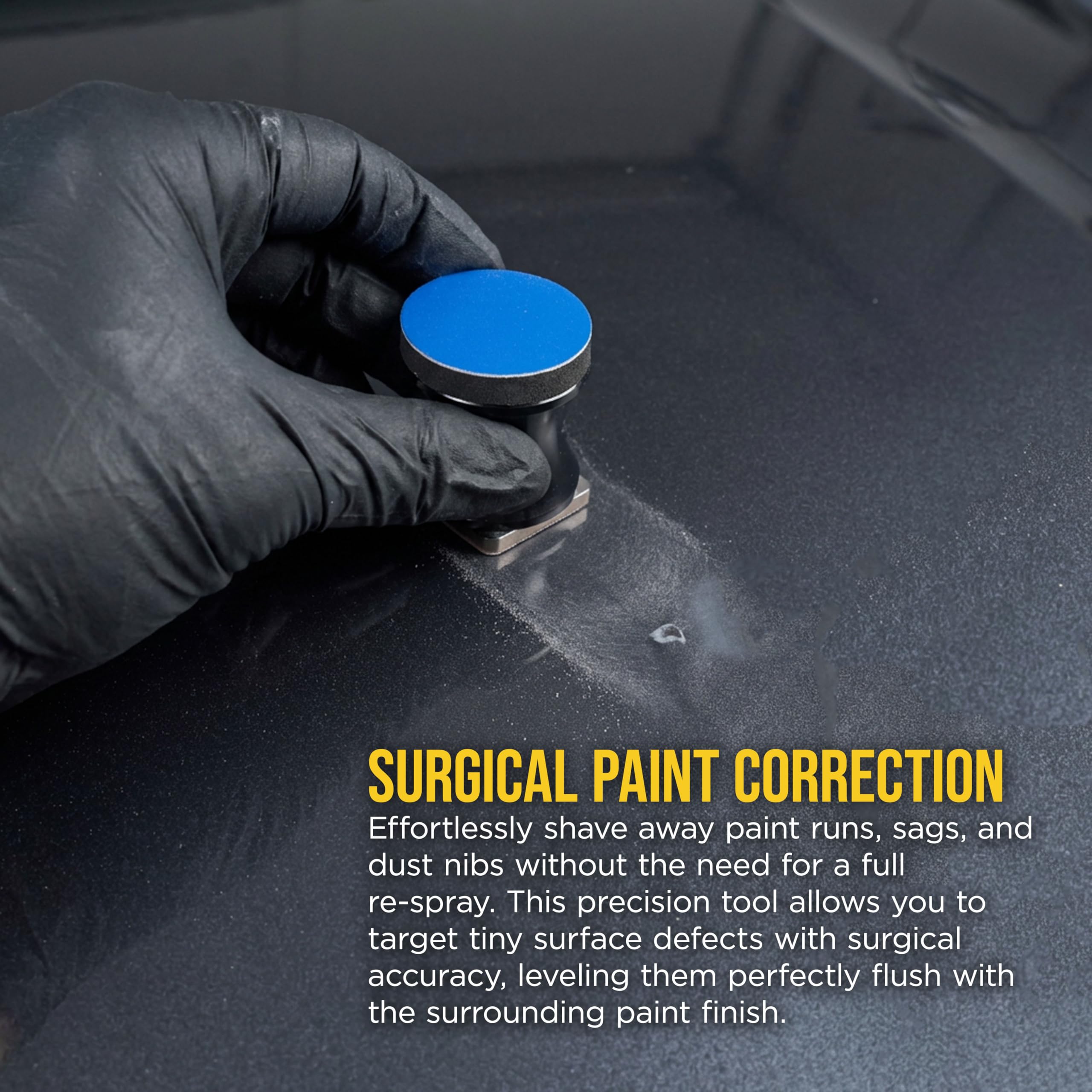 Dura-Gold denibbing blade edge cuts cured clear coats cleanly and consistently