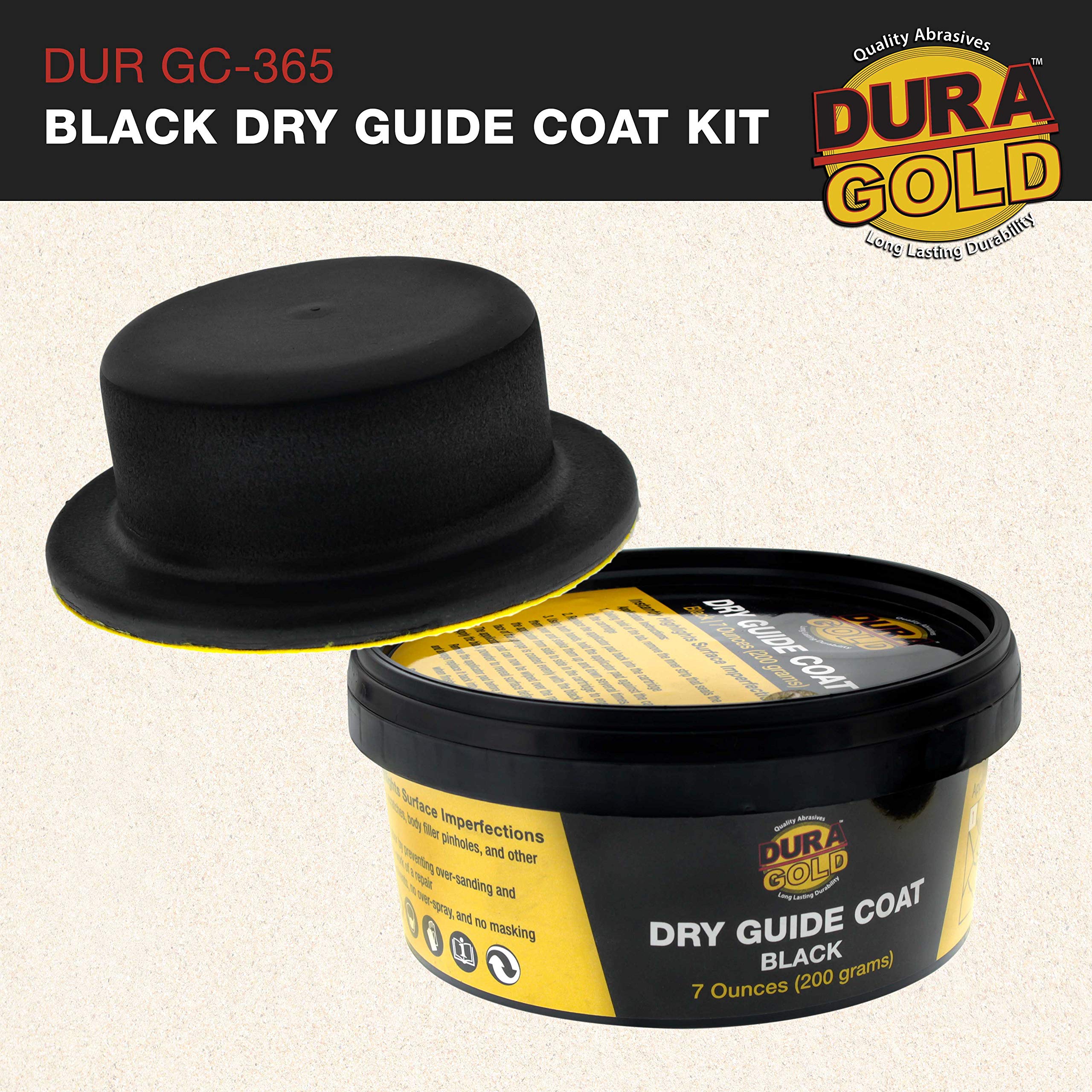 Dura-Gold Premium Black Dry Guide Coat Kit 7-ounce cartridge highlights sanding imperfections.